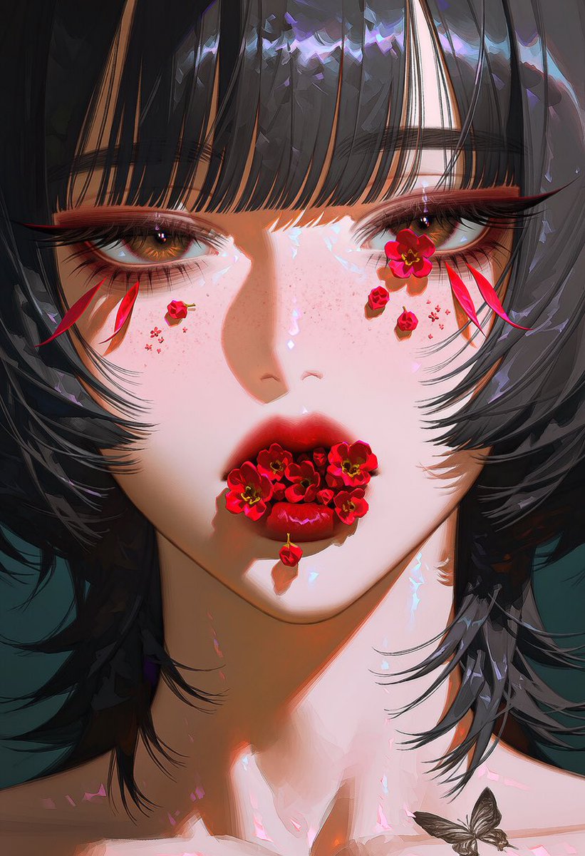 bla_bla_bunny's tweet photo. [花吐き病]

#jt_prompt 

1people, solo, extreme close-up, face focus, centered composition, dark background

open mouth, 1.8::red flowers growing from inside mouth,between lips::, flower petals visible inside mouth, one eye completely covered by red flower, flowers attached to cheek, small flowers scattered across cheek, 1.7::flower petals forming long lower eyelashes beneath the visible eye::, petal shaped under eye lashes, elongated red petal lashes, half-lidded gaze

dark smoky eye makeup, smudged black eyeshadow, deep burgundy eyeshadow, heavy under-eye makeup, dark red blush,

1.7::decadent gothic beauty::, melancholic,