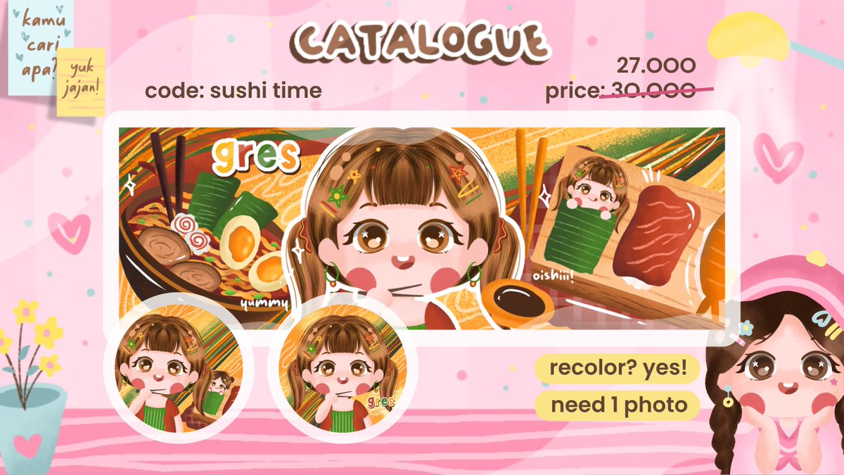 GrresShop's tweet photo. help repost?😋

#GresOPTIP 

haloo aku open titip layout chibi untuk katalog "sushi tike" dengan harga spesial nih!!🎀 semuanya free recolor! buat tnc aku drop di alt yah teman2 >_< untuk formnya adaa di bawaah! :3

met jajaaaan!💗

#zonauang https://t.co/811K58yOka