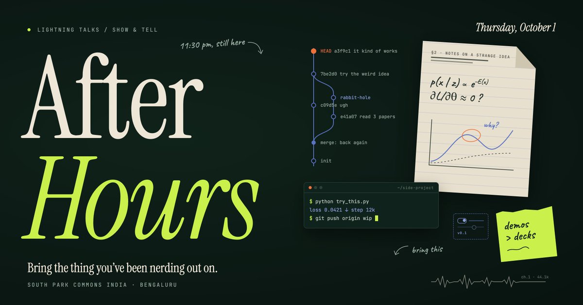 garg_tushar_'s tweet photo. What have you been nerding out on lately?

Bring it to SPC After Hours this Thursday. 

~20 builders, researchers and tinkerers. Short lightning talks. Strange repos, half-built things, papers, ideas, experiments.

Registration link in the comments. https://t.co/dvNtJsn6vE