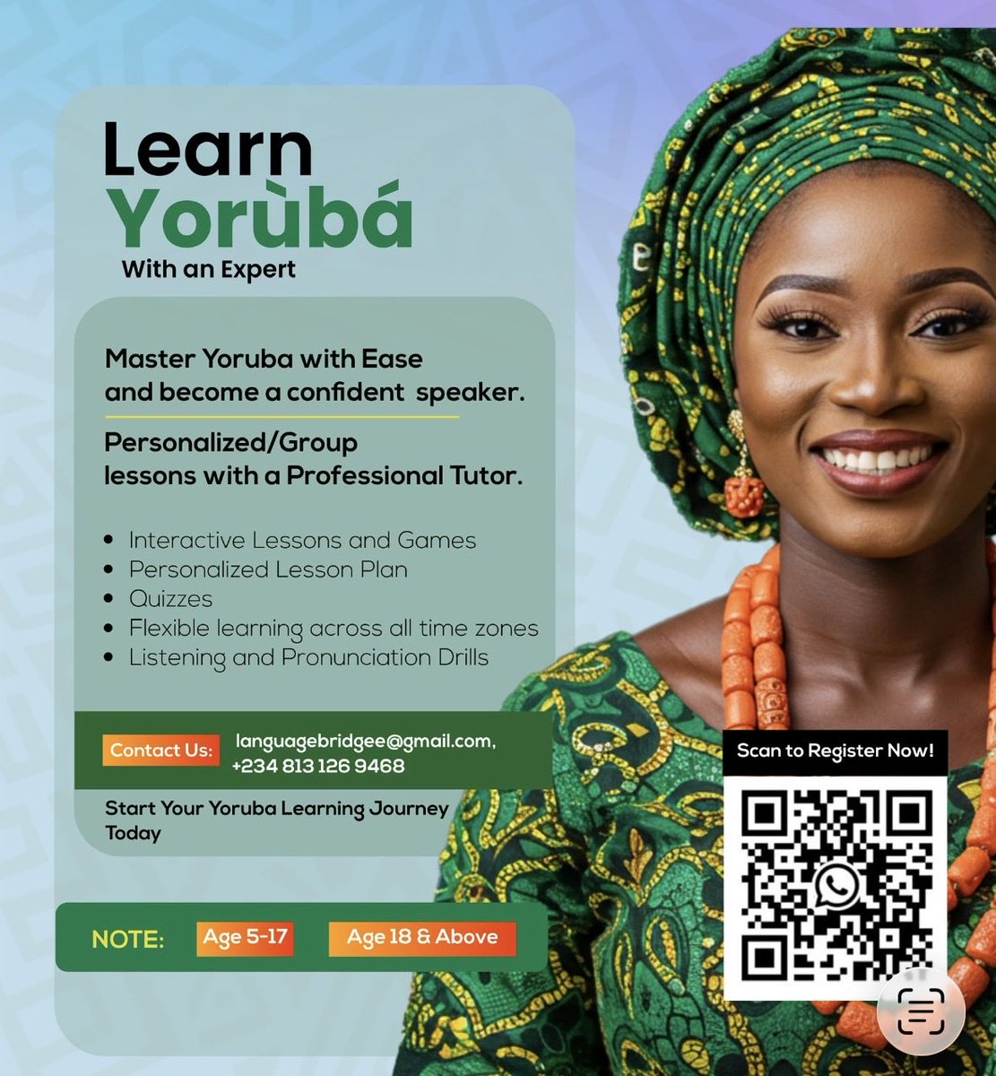 Oluwalade2's tweet photo. @nosafk I help learners  master and speak Yoruba fluently.
Contact us for more information:
https://t.co/GmY6ewiwNO https://t.co/iha7bk2KXm