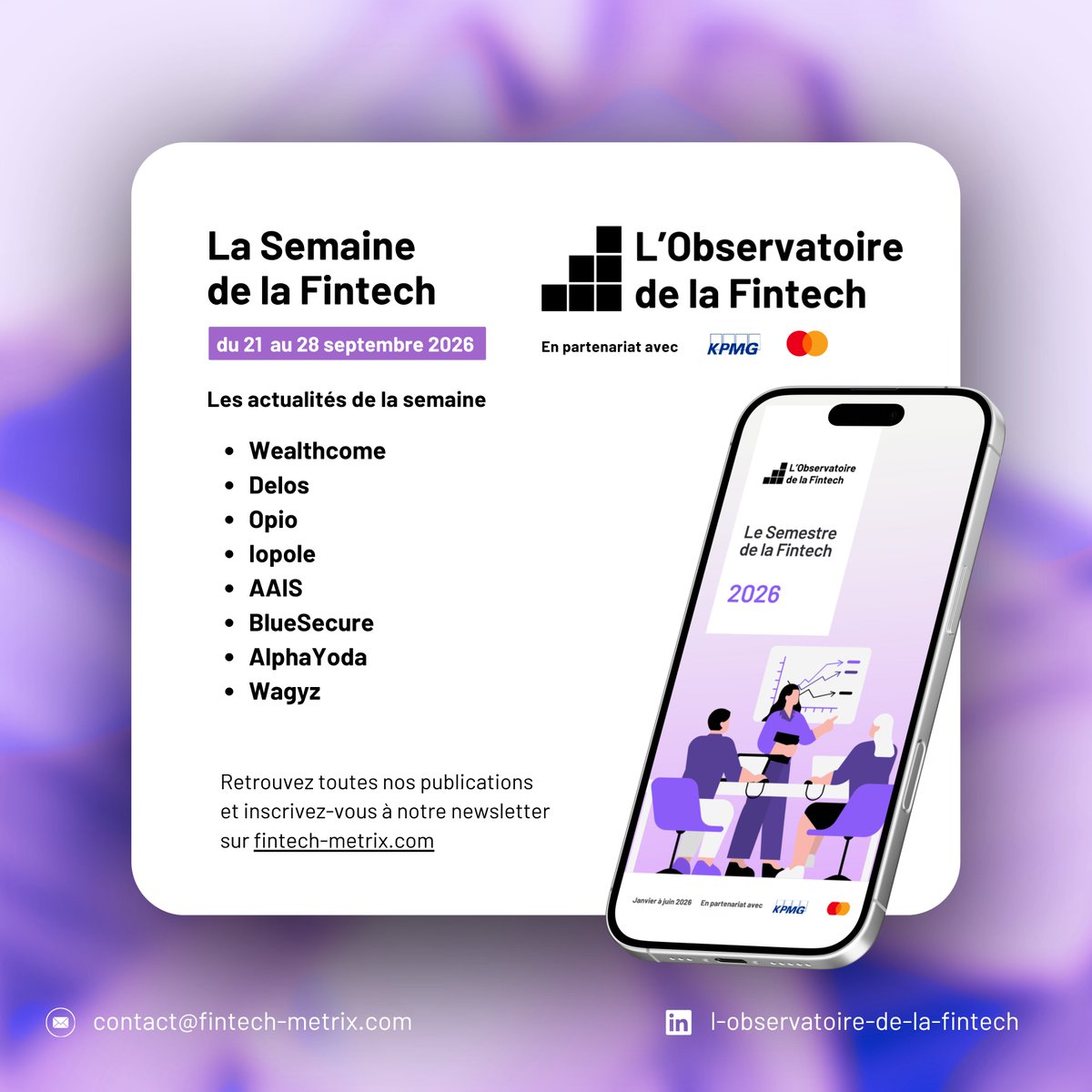 l_fintech's tweet photo. 📈 Retour sur les opérations Fintech communiquées du 21 au 28 septembre 2026.

📲 Faites glisser le carrousel pour découvrir les actus clés de la semaine passée 👇

🟦 Levées de fonds et Financement

Wealthcome, une solution spécialisée dans l’édition de logiciels de gestion de patrimoine (SaaS, CRM et ERP), a levé 15 millions d’euros auprès de BREEGA, qui entre à son capital, et de BlackFin Capital Partners.
👉https://t.co/hsnaGmdkh2

Delos, une scale-up parisienne experte en IA générative et en agents IA autonomes pour les entreprises, a levé 10 millions d’euros auprès de Bpifrance, C4 Ventures et Founders Future.
👉https://t.co/OAwyGhiL7I

Opio, une start-up française spécialisée dans les solutions d’intelligence artificielle pour les professionnels de l’audit et du conseil financier, a levé 4 millions d’euros auprès de Frst, Seedcamp et GF.
👉https://t.co/HJsbS48frj

Iopole, une plateforme agréée de facturation électronique en marque blanche, a levé 3 millions d’euros auprès d’IRDI Capital Investissement et de SOFILARO Innovation.
👉https://t.co/0lVQCgBk5P

AAIS - Armageddon Artificial Intelligence Security, une start-up lyonnaise spécialisée dans la gestion du risque cyber lié au facteur humain, a levé 2,2 millions d’euros auprès de Generis Capital Partners.
👉https://t.co/z60L00mZnL

BlueSecure a levé 1 million d’euros auprès de Paris Business Angels, Arts et Métiers Business Angels et Bpifrance.
👉https://t.co/yWxGSiDj7x

🟦 Fusions, Acquisitions, Exits, Difficultés et Cessations

Wagyz, une plateforme de paie et de gestion sociale conçue pour la profession comptable, accueille Visma à son capital.
👉https://t.co/mvr4U2oFyq

📥 Abonnez-vous à notre newsletter pour la recevoir tous les lundis et ne manquez aucune de nos actualités 👉 : https://t.co/2pJSIjDxfP

🤝 Avec nos partenaires @MastercardFR et @KPMG_France 

@mPtachek @emmanuelps @WasfyTaj @alex_R_78
@AugiasGnagli 

#fintech #intelligenceartificielle #IA #banque #trading #assurance #paiement #financement #credit #neobanque #investissement #assurtech #regtech #legaltech #comptatech #blockchain #cryptomonnaies #cybersecurite #cyber #esg #greentech #data #analytics #offre #founders #startup #scaleup #Levéesdefonds #Financement #Fusions #Acquisitions #Exits #Difficultés #Cessations #LundiFintech