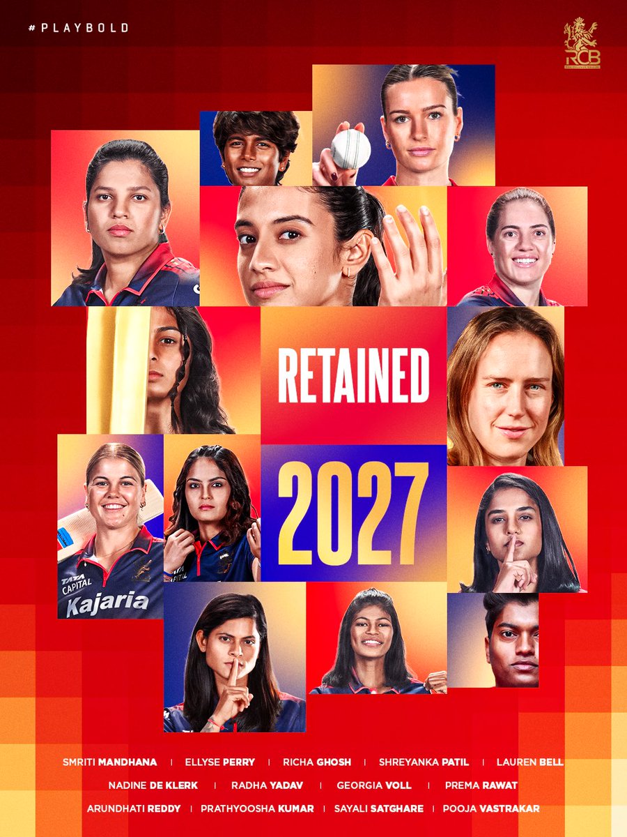 RCBTweets's tweet photo. 🔐 𝗥𝗘𝗧𝗔𝗜𝗡𝗘𝗗: The core stays together to go after another 🏆

Presenting the 1️⃣3️⃣ retained Royal Challengers from our #WPL2026 championship-winning squad. 👑

Next stop: The TATA WPL mini auction, where we complete our #ClassOf2027. 🔨👀

#PlayBold #ನಮ್ಮRCB #TATAWPL https://t.co/AqNdMHgFDw