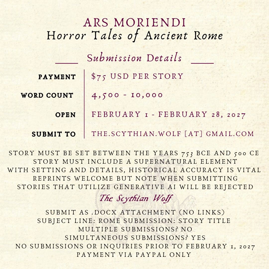 CoyHallBooks's tweet photo. The Scythian Wolf is back with its third open call &amp; third historical horror anthology. This time it's Ancient Rome. Here are the initial details. More info soon. https://t.co/uUBy2e9Zhz