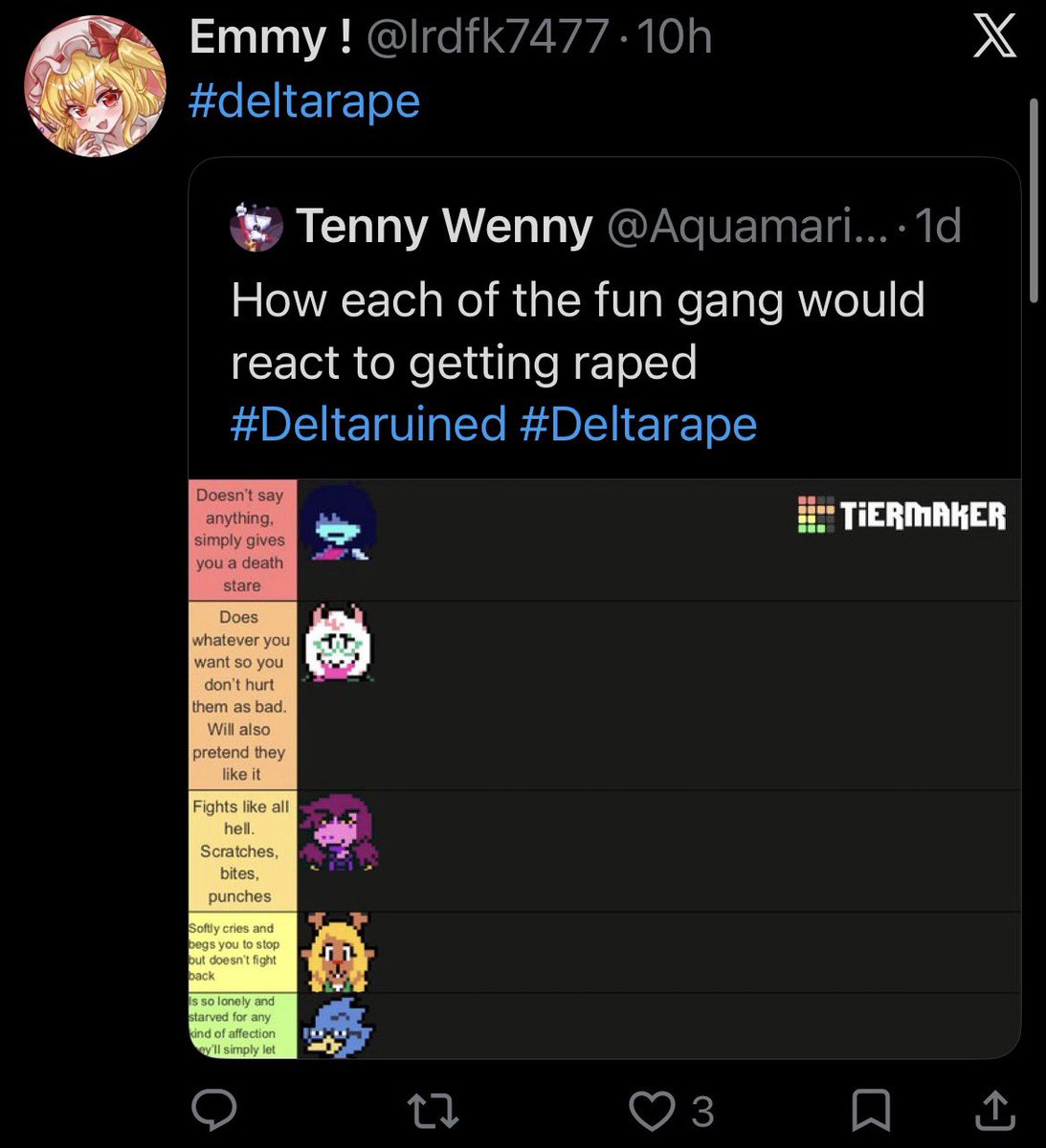 Smiledoghybrid's tweet photo. @Irdfk7477 @LINADERPINA I think you need to focus on getting help for your mental illness bro
Grown ass 18 year old and reposting deltarune rape and talking about cutting yourself online… https://t.co/wFnHfyXAw1