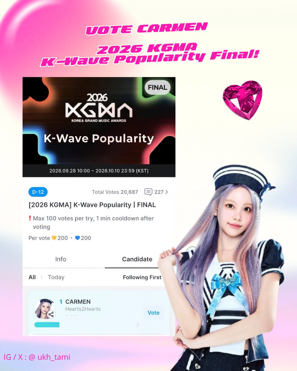 ukh_tami's tweet photo. 🔔GIVEAWAY VOTE CARMEN FINAL ROUND AT KGMA 2026
Sesuai janji di IG kemarin, hari ini tanggal 28 September Mini Giveaway resmi DIBUKA 🎉

Giveaway kecil kecilan untuk vote Carmen di 2026 KGMA - K-Wave Popularity Final 
🎁 HADIAH GIVEAWAY:
2 album Lemon Tang
Spay 50k 
Masing-masing pemenang 
📌 CARA & SYARAT IKUTAN:
▪️Follow, RT, Like, X & IG @ukh_tami 
▪️Vote Carmen di aplikasi coogoong
https://t.co/XbWBYeVUOd
▪️Upload screenshot (watermark) bukti vote kamu:
🔹Di Instagram: Upload ke Feed IG (akun jangan di-private) tag akunku
🔹Di X (Twitter): Reply tweet ini/thread tag akun aku 

💡 NB: Besar atau kecilnya jumlah vote kamu tidak mempengaruhi peluang menang ya, jadi siapa pun dan berapa pun vote-nya tetap berhak ikut & punya kesempatan sama 🫶🏻

📅 Periode GA: 28 September – 10 Oktober 2026

Jangan sampai kelewatan! Rapatkan barisan, mari kita vote Carmen sebanyak-banyaknya! Good luck semuanya 🍀