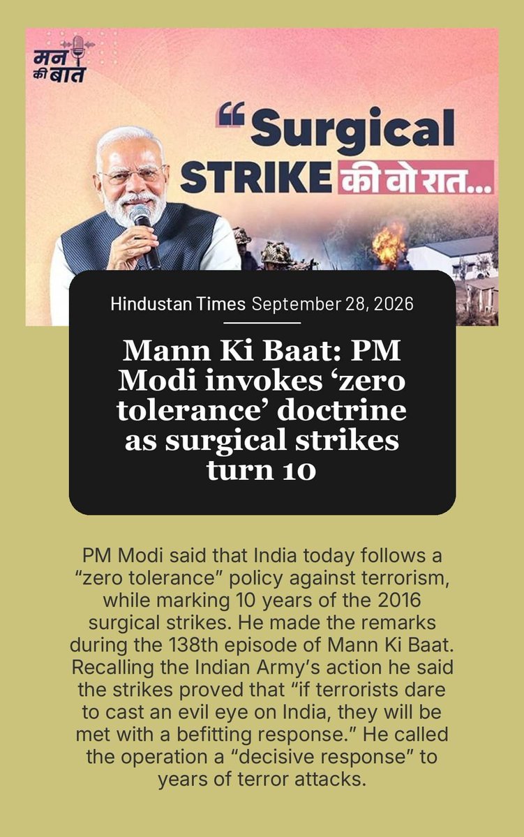 lovshr's tweet photo. Mann Ki Baat: PM Modi invokes ‘zero tolerance’ doctrine as surgical strikes turn 10

https://t.co/LK0Z0YPlUQ

via NaMo App https://t.co/e8Ro1jzatg