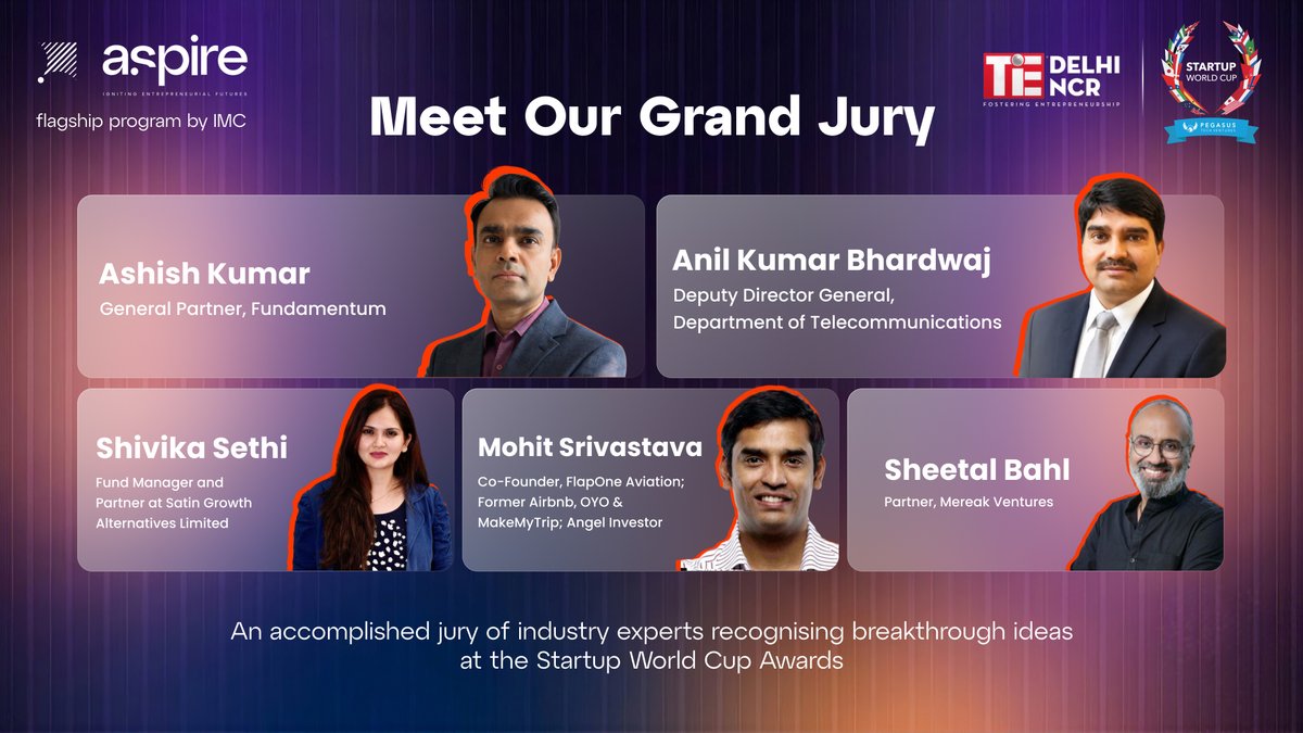 exploreIMC's tweet photo. The Startup World Cup jury is set for IMC 2026! 🚀

Meet the jury for the India Regional:

🔹 Ashish Kumar — Fundamentum
🔹 Anil Kumar Bhardwaj — @DoT_India 
🔹 Sheetal Bahl — @merakventures 
🔹 Mohit Srivastava — FlapOne Aviation
🔹 Shivika Sethi — Satin Growth Alternatives Limited

📅 9 October | Yashobhoomi, New Delhi

Pitch. Compete. Go Global.

#IMC2026 #IndiaMobileCongress #StartupWorldCupAtIMC #ScaleWithoutBoundaries #IMCBeyond10 #IMCAspire2026

@ConnectCOAI @TiEDelhi @SWCPTV