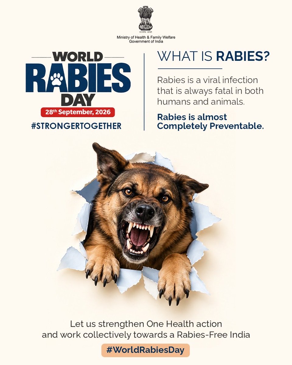 MoHFW_INDIA's tweet photo. Rabies prevention begins with timely action.

Following the right steps after an animal bite or scratch and seeking prompt medical care can help prevent rabies.

This World Rabies Day, act early and stay protected.

#StrongerTogether
#WorldRabiesDay https://t.co/HDlWzLVNaL