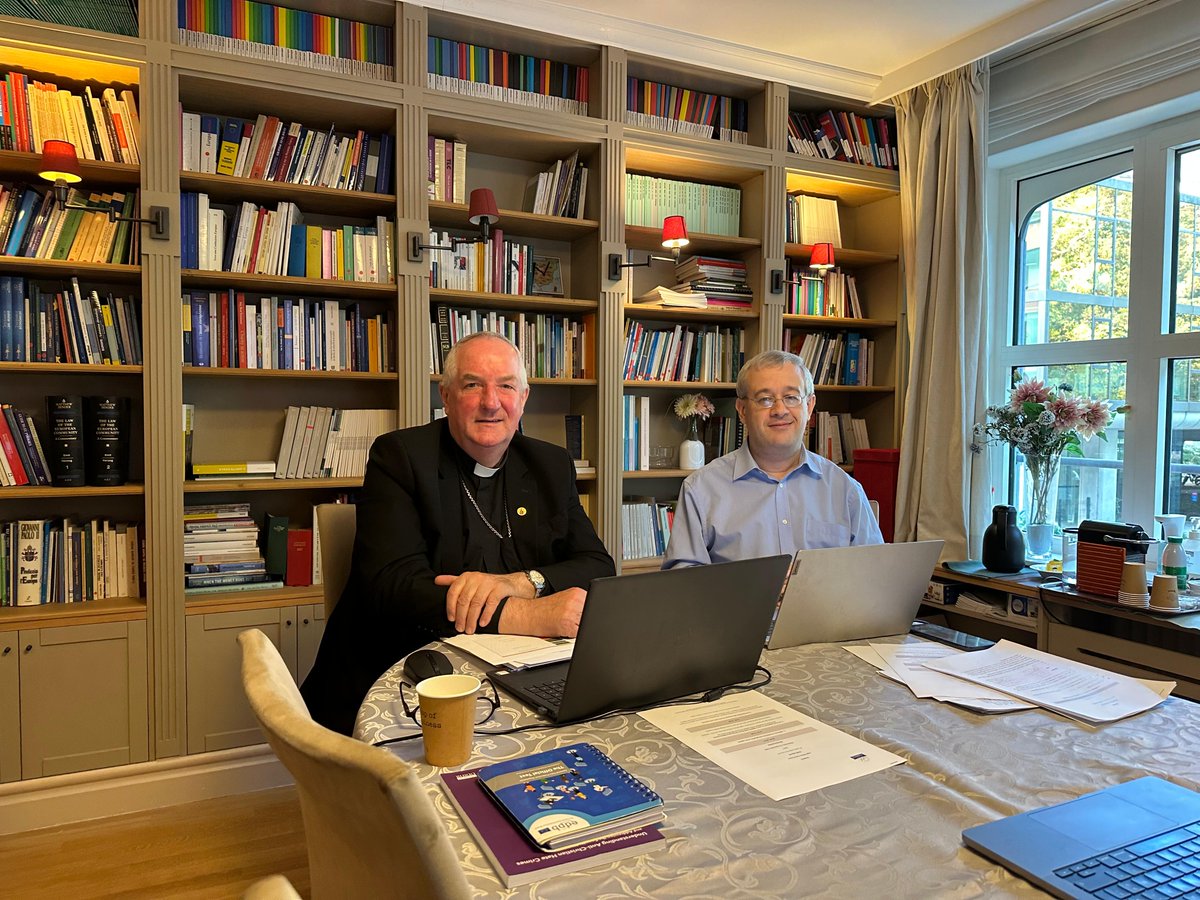 ComeceEu's tweet photo. Mgr Hoogenboom and @ale_calcagno76 during the 2026 Autumn Meeting of our Legal Affairs Commission, held online. Topics included anti-Christian hate crimes in the EU, State aid law, erasure from baptismal records under the GDPR, #KidsAct, #FoRB and an EU Court ruling on EU values. https://t.co/fKe01D5EED