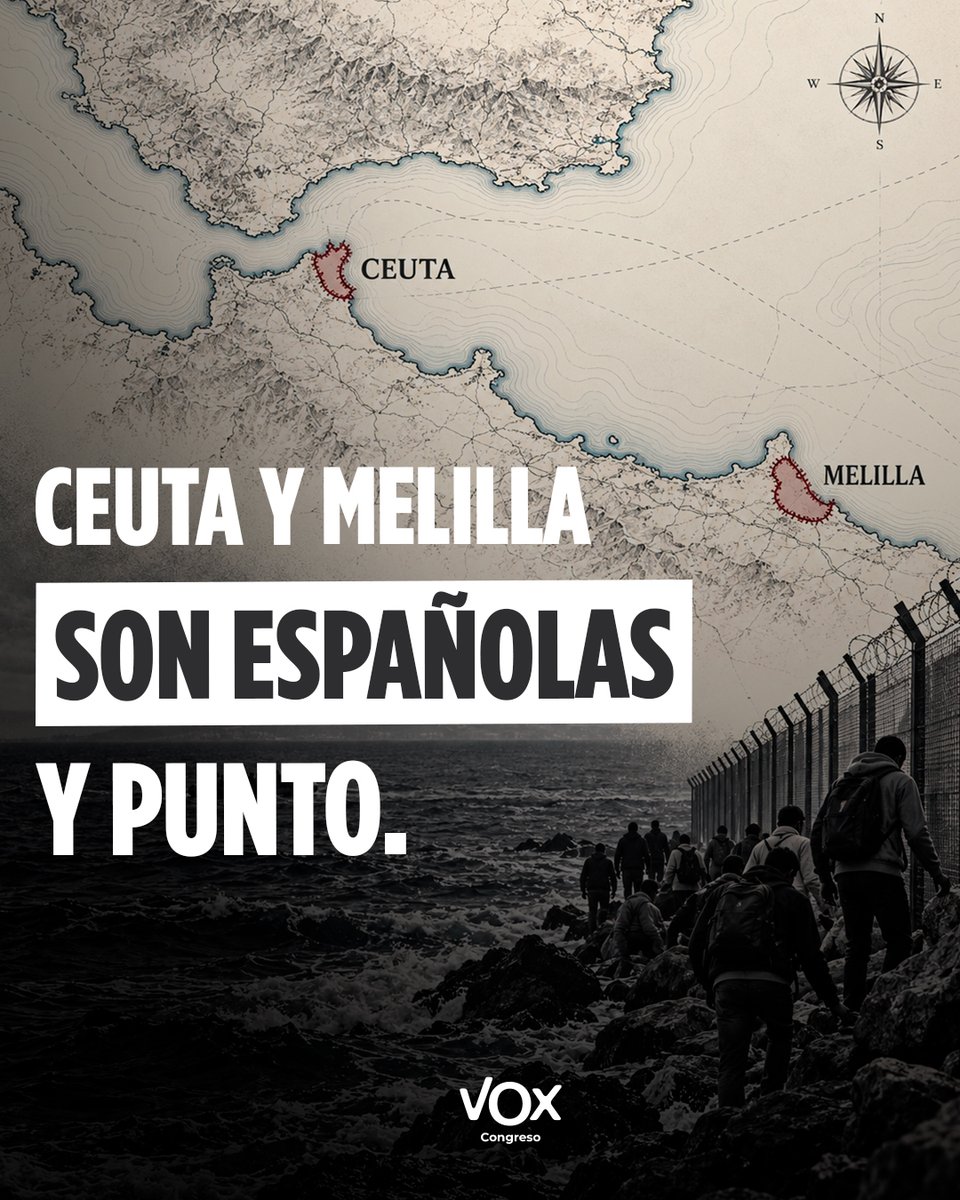 VOX_Congreso's tweet photo. VOX volverá a defender en el Congreso la españolidad de Ceuta y Melilla.

¡Son españolas y punto! https://t.co/XDu2tXN8Be