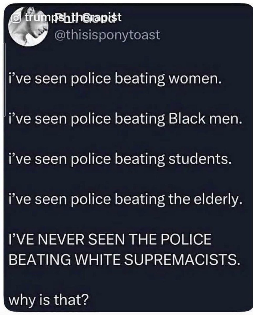 Altanon's tweet photo. Strange thing: When any of those groups stage a protest, the cops show up in riot gear. When the KKK/White Supremacists have one, if the cops show up at all, they are marching along. https://t.co/zYPYgiiWA4
