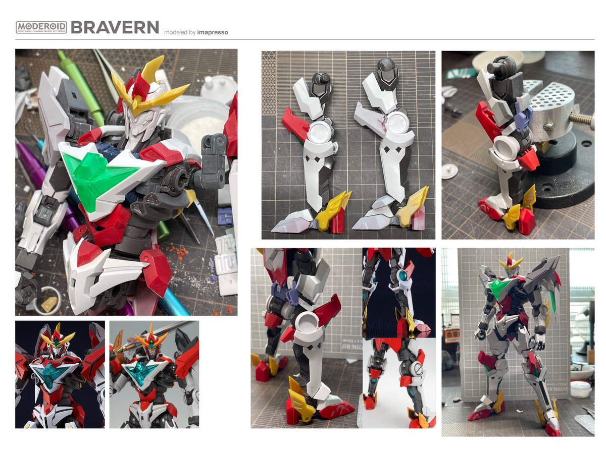 imapresso's tweet photo. 素組との比較と改修箇所。
勇者ロボをガンプラ系のディテールで作るというのはやりたかったことで、自分の思うカッコよさの融合が出来たと思います。

ここまで見ていただきありがとうございました。
（4/4）
#ブレイバーン
#MODEROID https://t.co/1ODZu8JXSQ