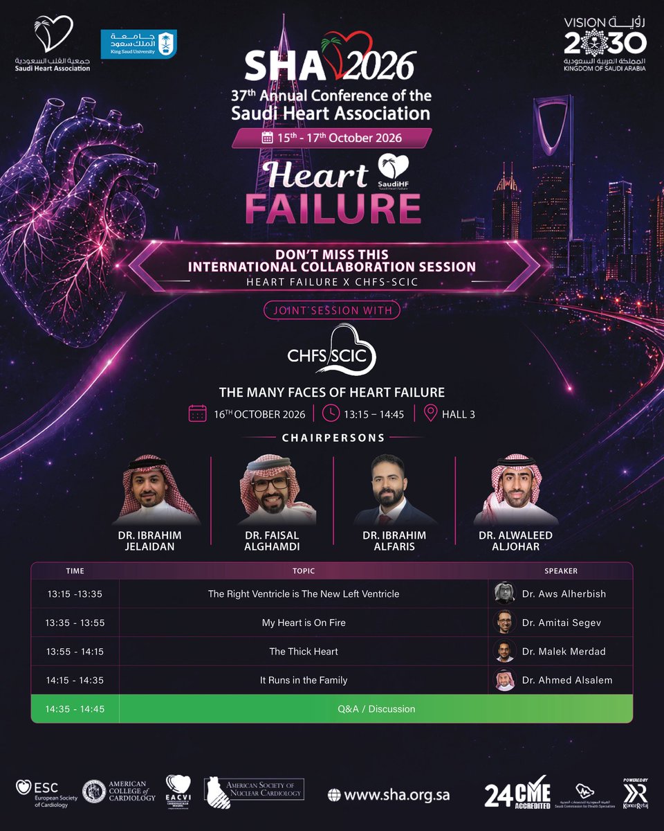 TheSaudiHeart's tweet photo. Don’t miss the International Collaboration Session: Heart Failure × CHFS-SCIC at #SHA37. 🫀
Join leading experts for “The Many Faces of Heart Failure” and explore key perspectives in heart failure care.
🗓️ 16 October 2026
⏰ 13:15–14:45
📍 Hall 3
🔗 Registration here : https://t.co/qQ0JlmjrcN