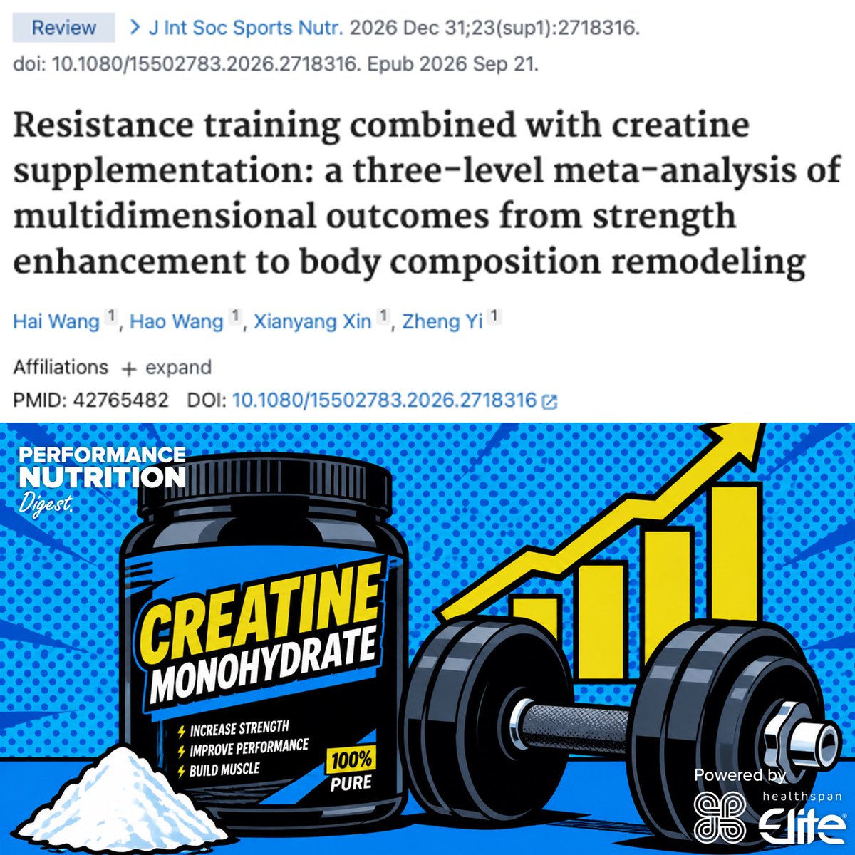 tecoughlin's tweet photo. Creatine meaningfully enhances strength and lean mass gains from resistance training 💪

This three-level meta-analysis included 63 randomised trials and 1,489 adults, examining whether creatine supplementation enhances strength and body-composition adaptations to resistance training 🔍

Here are the key findings ⬇️

💪 Creatine produced a moderate additional improvement in upper-body strength versus resistance training alone (g = 0.54)

🦵 Lower-body strength also improved by a moderate amount (g = 0.55) after removal of one influential outlier

📈 Lean mass increased significantly more with creatine (g = 0.30), representing a small-to-moderate additional benefit

⚖️ Total body mass increased slightly (g = 0.12), consistent with the additional gain in lean mass

🔥 Absolute fat mass was not significantly changed by creatine (g = −0.10)

📉 Body-fat % decreased slightly (g = −0.14), likely because lean mass increased while fat mass remained relatively stable

💧 Some early creatine-associated weight gain will reflect increased intracellular water, but the available studies could not separate water from longer-term tissue accretion

👥 Strength benefits were evident across athletes, resistance-trained and previously untrained participants, with no clear difference according to training status

🙅‍♀️ There was also no statistically significant evidence that responses differed between men and women, although women were underrepresented

🧐 Exploratory analyses suggested larger strength effects in younger participants, but this age effect should be treated cautiously because age groups were unevenly represented

🥄 Creatine dose, fixed versus weight-based dosing, loading strategy, training frequency and intervention duration did not consistently modify the benefits

📊 Evidence certainty across outcomes was rated low to moderate

⚠️ Publication bias may have inflated the raw strength effects slightly, but adjusted analyses still showed significant benefits

The primary body-composition effect of creatine is therefore more lean mass rather than less fat 🏋️ 

Adding creatine monohydrate to a well-designed resistance-training programme reliably improves strength and lean-mass gains, and these benefits do not appear to require complex loading or high-dose protocols ✅

Reference:

https://t.co/S8XMz9tIw5

Subscribe to https://t.co/kPsQssm5ut FREE to receive your daily study breakdown, straight to your inbox or via the Substack app 📥

Powered by https://t.co/V0YqjzPGsK⚡️