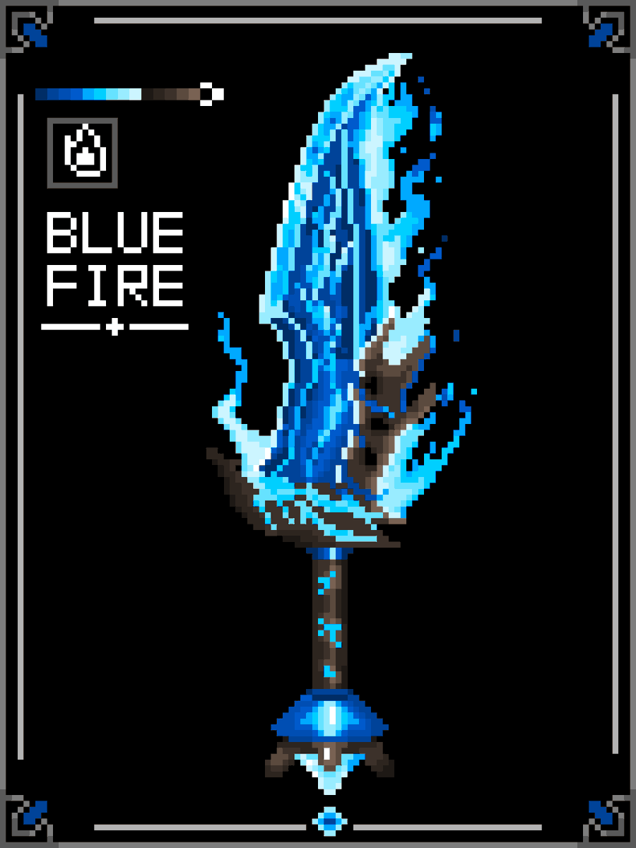 Tukeyaki_blade's tweet photo. その刃に宿るは、蒼き灼熱

Day 15 　蒼焔剣《アルバストゥル》
Albastru
#ドット絵 
#pixelart 
#毎日ドット絵 https://t.co/Xt3XHRany0