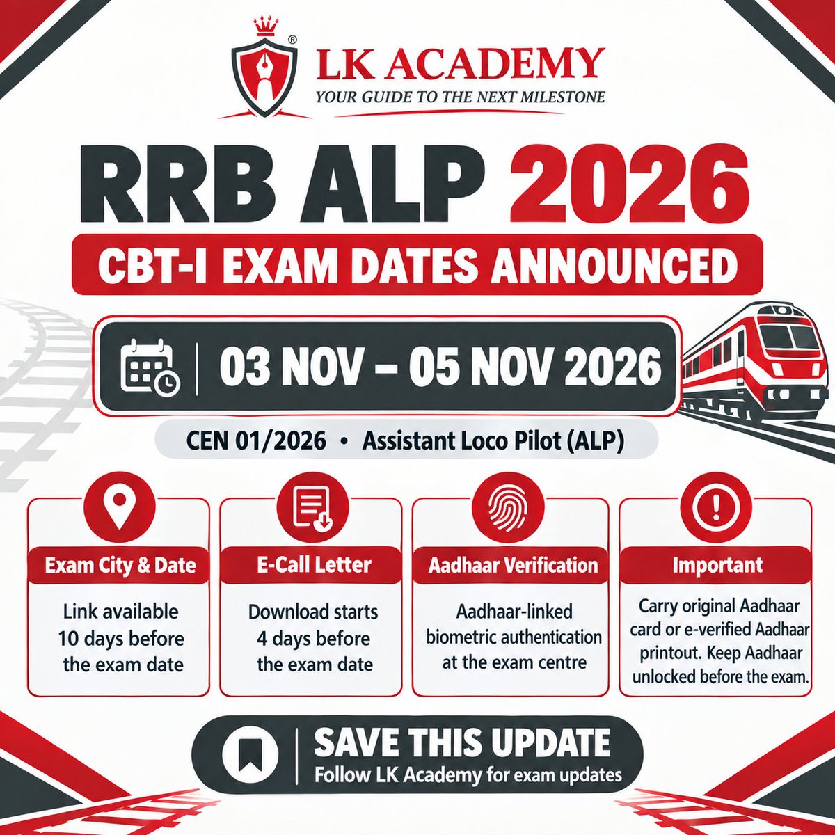 LKACADEMYSURAT's tweet photo. 🚨 RRB ALP 2026 – CBT-I Exam Dates Announced!
The Railway Recruitment Boards have announced the tentative CBT-I exam schedule for Assistant Loco Pilot (CEN 01/2026).
#RRBALP #RRBALP2026 #RailwayRecruitment #ALP #RailwayExam #GovernmentJobs #CompetitiveExams #LKAcademy https://t.co/6CFRyItU6l