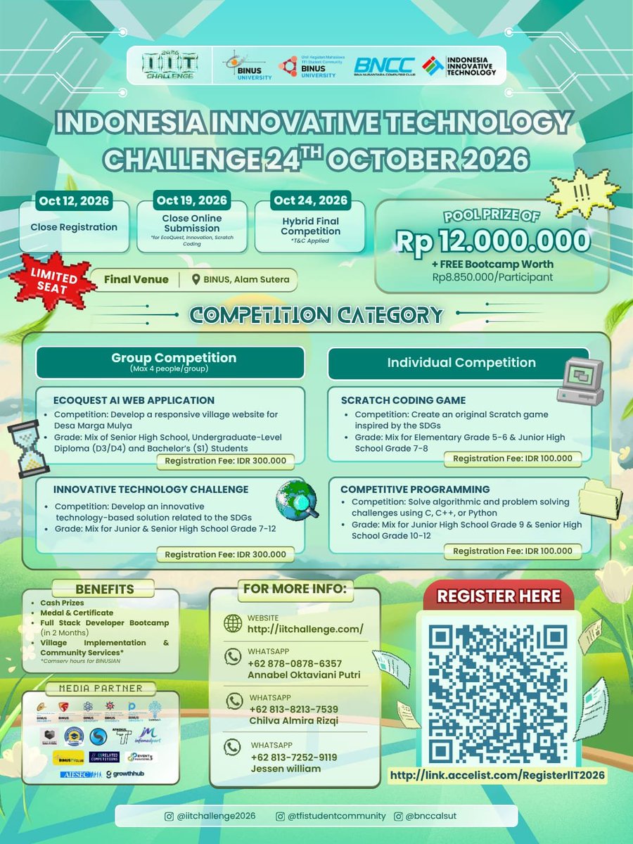 rusdismithgoat's tweet photo. SIAPA NIH ANAK KULIAH YANG LAGI NYARI" INFO LOMBAAAA 🙋🙋‍♀️🙋‍♂️

Buat temen-temen S1/D3/D4 dari seluruh univ di Indonesia yang jago ngoding &amp; bikin web boleh banget ni kepoin lomba kita 😆😆👀

*SLOT TERBATAS !!! SO GO REGISTER NOW! kalo ada pertanyaan feel free buat dm ya guys 😆🫰 https://t.co/1chbSGfucM