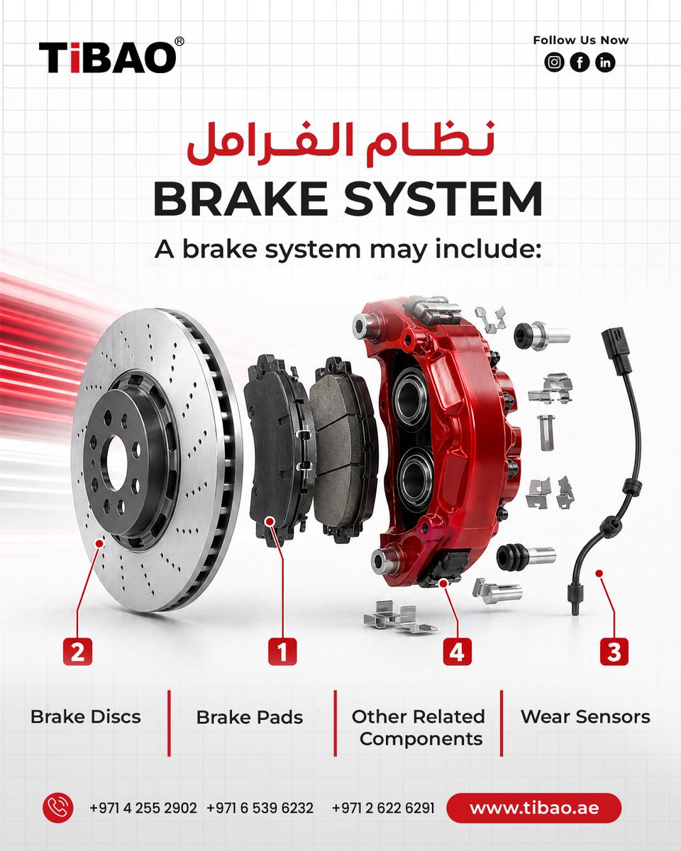 TiBAOAutomotive's tweet photo. Your braking system is more than brake pads. Several components may work together depending on the vehicle. Notice a braking issue? Diagnose first, then check the required part with TiBAO.

#TiBAO #BrakeSystem #BrakeParts #CarCare #AutoPartsUAE https://t.co/tN1nu9GRh0