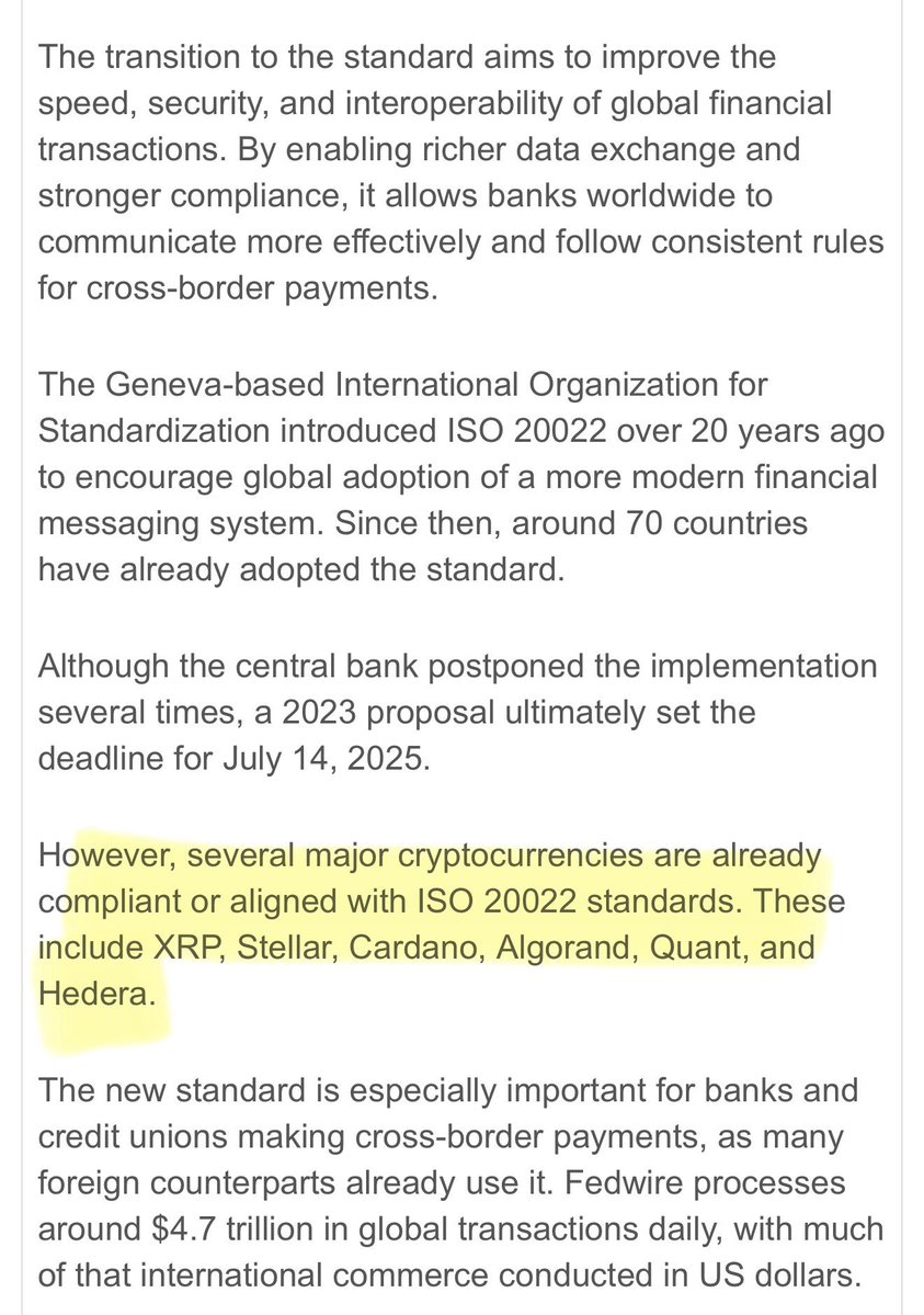 SMQKEDQG's tweet photo. After years of researching ISO 20022, it will not be a surprise to me when the tokens associated with this standard outperform the entire market.💨

XRP, XLM, QNT, HBAR, ALGO, ADA, IOTA, XDC ✅

These are projects that were originally overlooked by retail because they are not based on hype.⛔️

They are designed for utility.🔑

Utility and government aligned functions aren’t the most exciting topics, but they will be the only relevant forces to produce price action like we are seeing with ethereum:0x4a220e6096b25eadb88358cb44068a3248254675.

ISO 20022 is severely misunderstood by many.🙇‍♂️

That reluctance to accept the significance of this data standard to crypto asset prices will be a major mistake for investors.🔻

ISO 20022 is the technical foundation for these altcoins to receive major levels of central bank adoption.☝️

It is an important guideline available to investors seeking fundamentally strong projects.💰

The longer you remain in denial, the higher the prices you will eventually buy into.

QNT’s pump is your final warning to wake up.🏁

The upcoming price action of these assets will confirm why the research is centered around ISO 20022.

Can’t wait to see it.🍿

Documented.📝👇