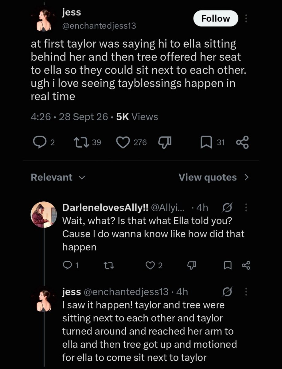 pttswift's tweet photo. 📲 | Uma fã que estava presente nos #VMAs sobre como a atriz Ella Bright, uma grande swiftie, acabou sentada ao lado de Taylor Swift. 🫶

— “at first taylor was saying hi to ella sitting behind her and then tree offered her seat to ella” [via @offcampuspt, @enchantedjess13] https://t.co/voBeRdjDCy