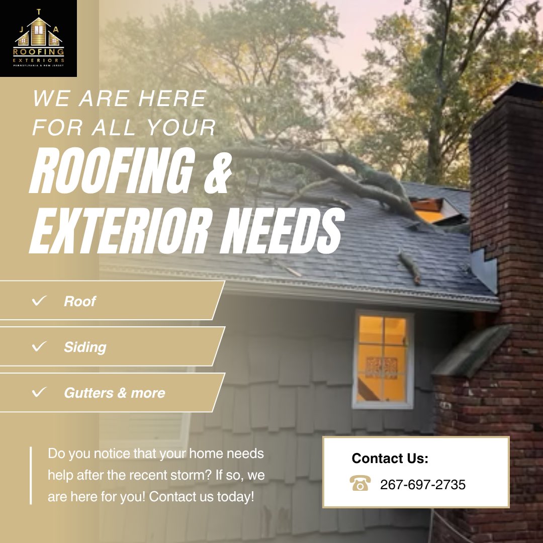 Jtaroofing's tweet photo. ⚠️ Did the recent storm leave your home with damage?

Don’t ignore it! From missing shingles and damaged siding to gutter issues and more, JTA Roofing &amp; Exteriors is ready to help.

📞 Call 267-697-2735 for your free inspection &amp; estimate.

#roofing #homerenovation #jtaroofing https://t.co/fXu6w5sCYr