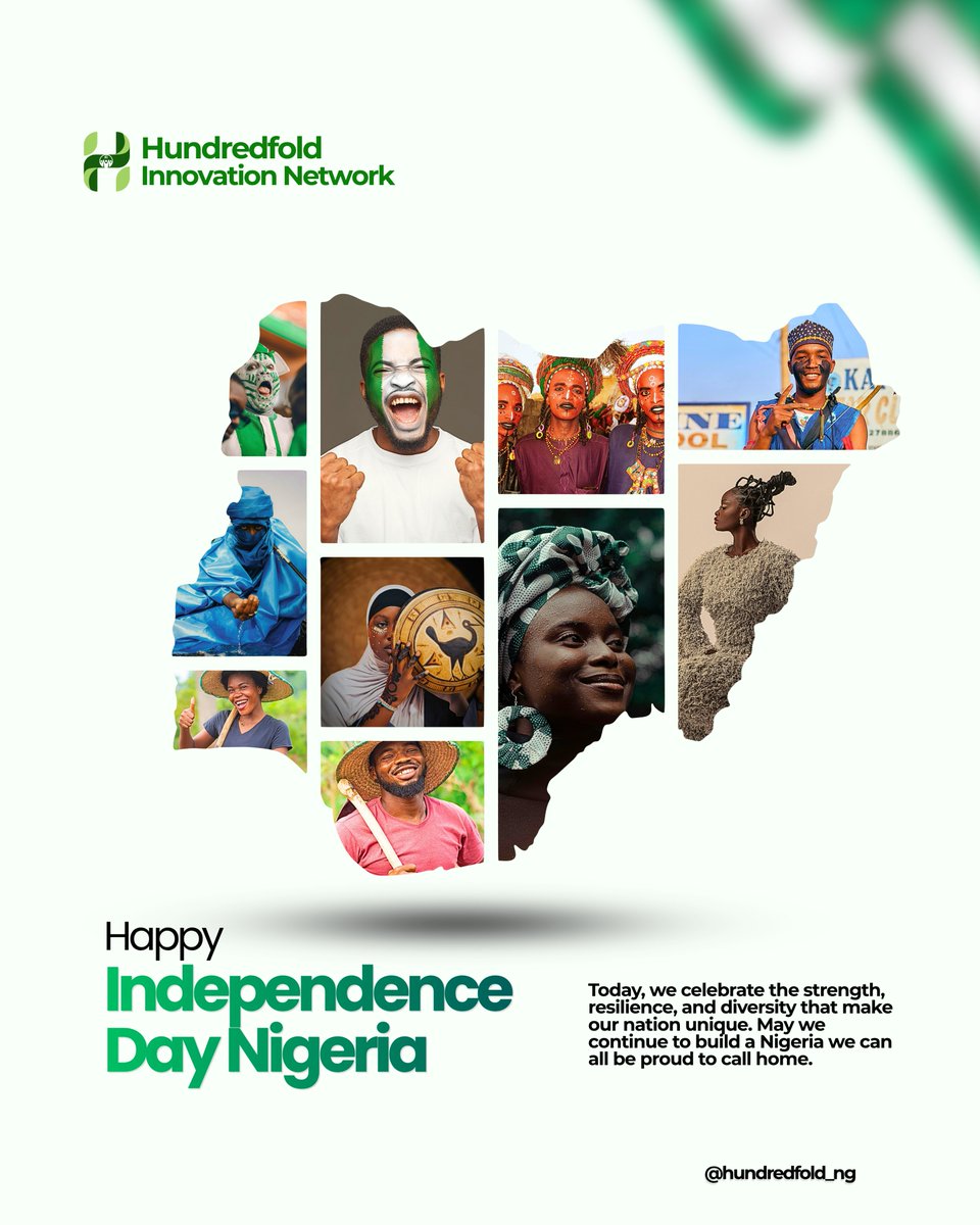 Hundredfold_ng's tweet photo. Today, we celebrate the strength, resilience, and diversity that make our nation unique. 

May we continue to build a Nigeria we can all be proud to call home.

Happy Independence Day, Nigeria https://t.co/AMQtPMLoeC