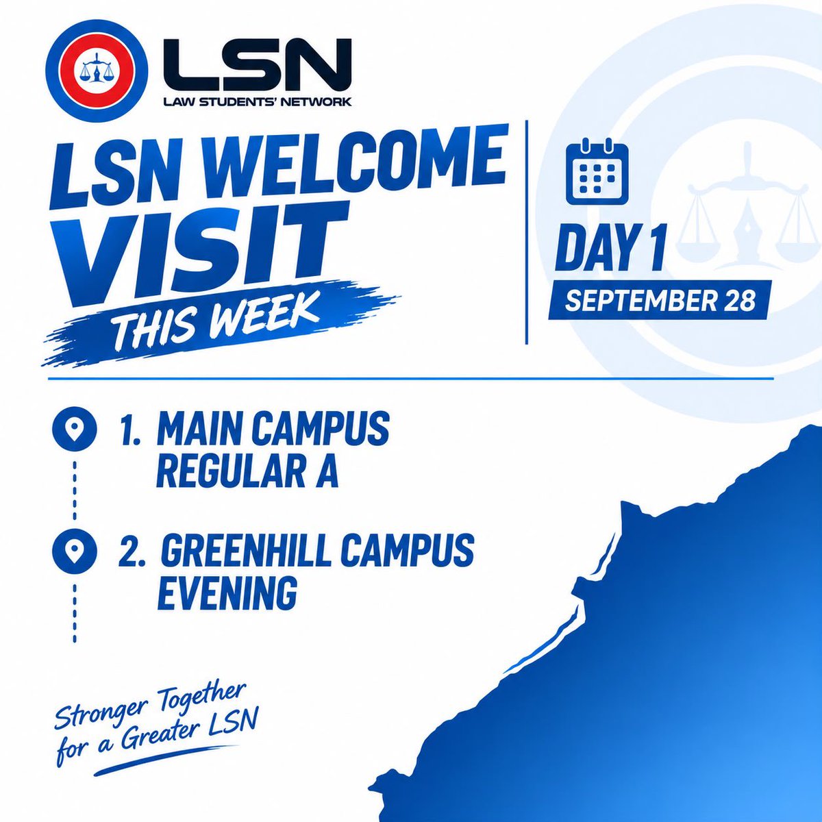 LSN_GHANA's tweet photo. The LSN is visiting our Pre-Bar Colleagues on Main Campus (Regular A) and Greenhill Campus (Evening) today for Day 1 of our Welcome Visit! 💫🥳
We look forward to connecting with you as we build a stronger Network together! ⚪️🔵🔴

#LSN #GSL #WelcomeVisit  #OurNetworkOurStory https://t.co/jU5drcVVj8