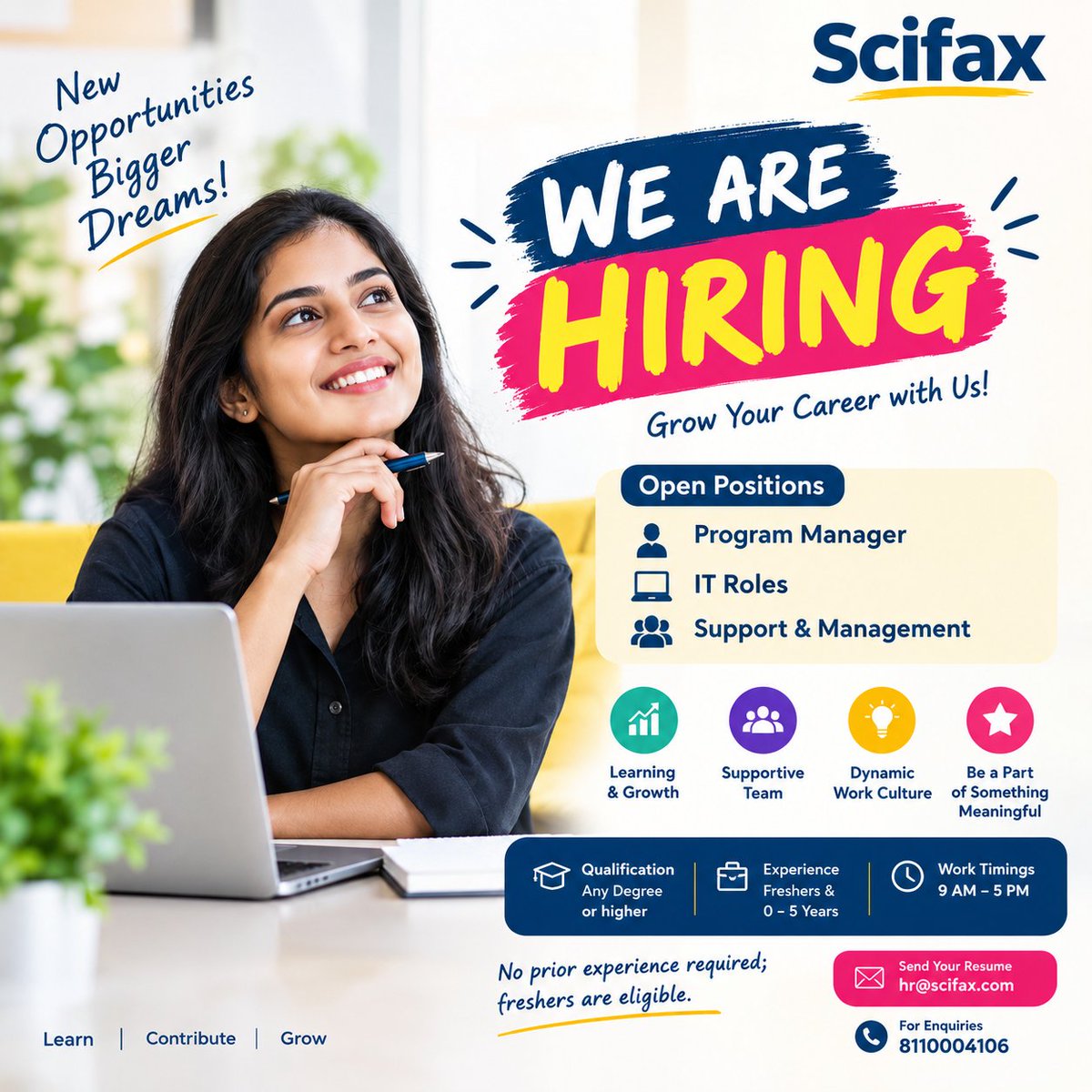 Scifaxoffice's tweet photo. We’re Hiring – Program Manager at Scifax! 💼

👨‍💼 Role: Program Manager
📍 Locations: Multiple Branches
🕘 Work Hours: 9:00 AM – 5:00 PM
🌟 Eligibility: Freshers &amp; Experienced (0–5 Years)

📧 Send your CV to: hr@scifax.com
📞 Phone: +91 81100 04106

✨ Apply Today https://t.co/F9GRplpmKL