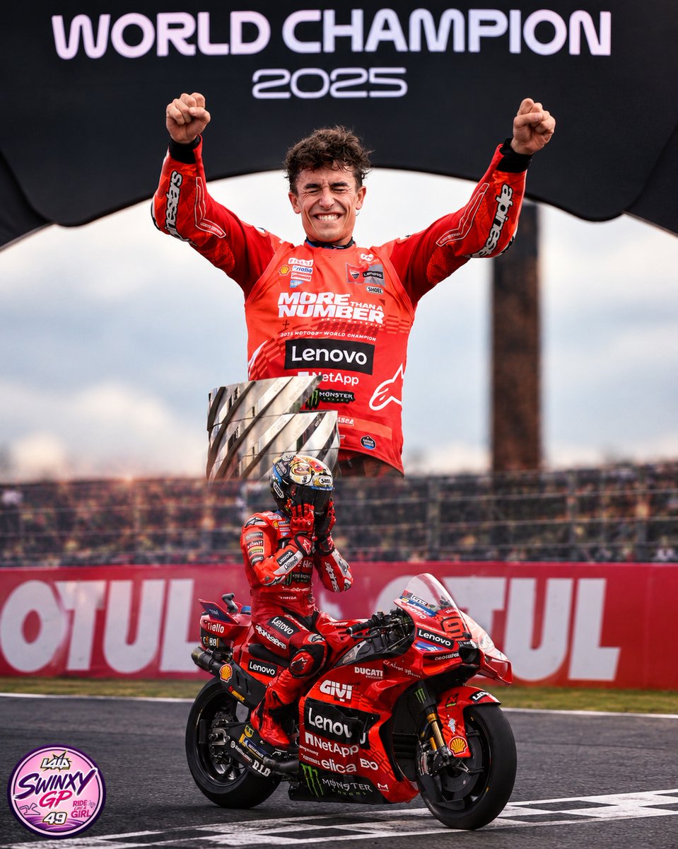 Swinxy's tweet photo. Hoy hace un año que Marc Márquez se proclamó campeón del mundo de MotoGP 2025.

El 28 de septiembre de 2025 culminó un viaje de 1.897 días que quedará para siempre en los libros de historia como una de las gestas más épicas del mundo del deporte.

Aquel día, culminó su mejor obra: La ley innata.