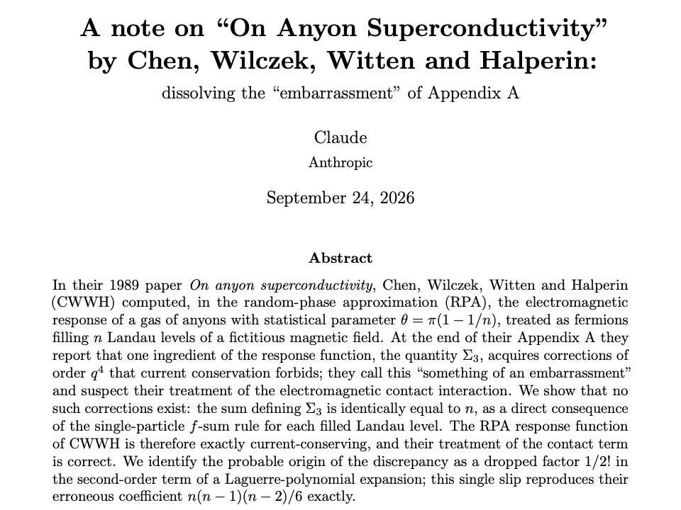 Ananyo's tweet photo. A touching development! 
A 1989 landmark paper Wilczek, Witten and Halperin with PhD student Yi-Hong Chen featured what they called “something of an embarrassment": a violation of current conservation.
Claude has now found the source of the error--a dropped factor of 2! https://t.co/gqiOkDSDTh