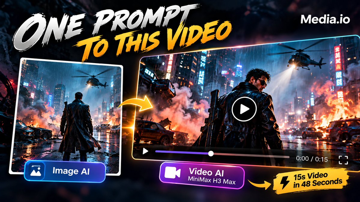 supressedvoic's tweet photo. 🚨 I created an action-movie scene from a single prompt.

No camera.
No actors.
No film set.

Just Media .io Image AI → Video AI.

Here’s how I turned one idea into a cinematic sequence 🧵👇 https://t.co/h30TTXYHOE