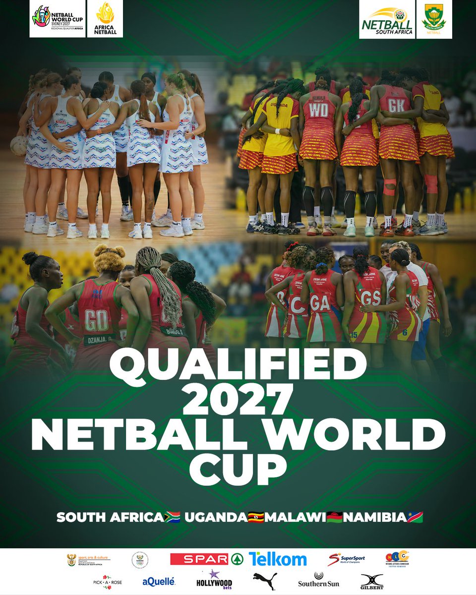 Netball_SA's tweet photo. 🌍 𝗔𝗙𝗥𝗜𝗖𝗔 𝗜𝗦 𝗛𝗘𝗔𝗗𝗜𝗡𝗚 𝗧𝗢 𝗦𝗬𝗗𝗡𝗘𝗬! 🇿🇦🇺🇬🇲🇼🇳🇦

South Africa. Uganda. Malawi. Namibia.
Four nations. One continent. One world stage. 🔥

The road to the 2027 Netball World Cup is officially set for Africa. See you in Sydney. 🌍🏆

#NWC2027 #SPARProteas https://t.co/oRKL1ysEvl