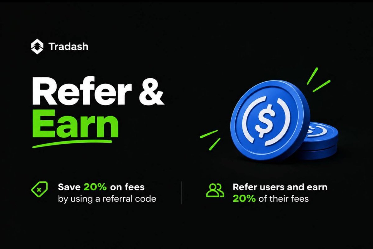 Tradashapp's tweet photo. Referrals are live on Tradash 🦅

Save 20% on fees when you use a referral code.

Refer your friends and earn 20% of their Tradash fees.

Trade more. Save more. Earn more.

→ https://t.co/yIzEuRxzzn https://t.co/q0hExieXNu