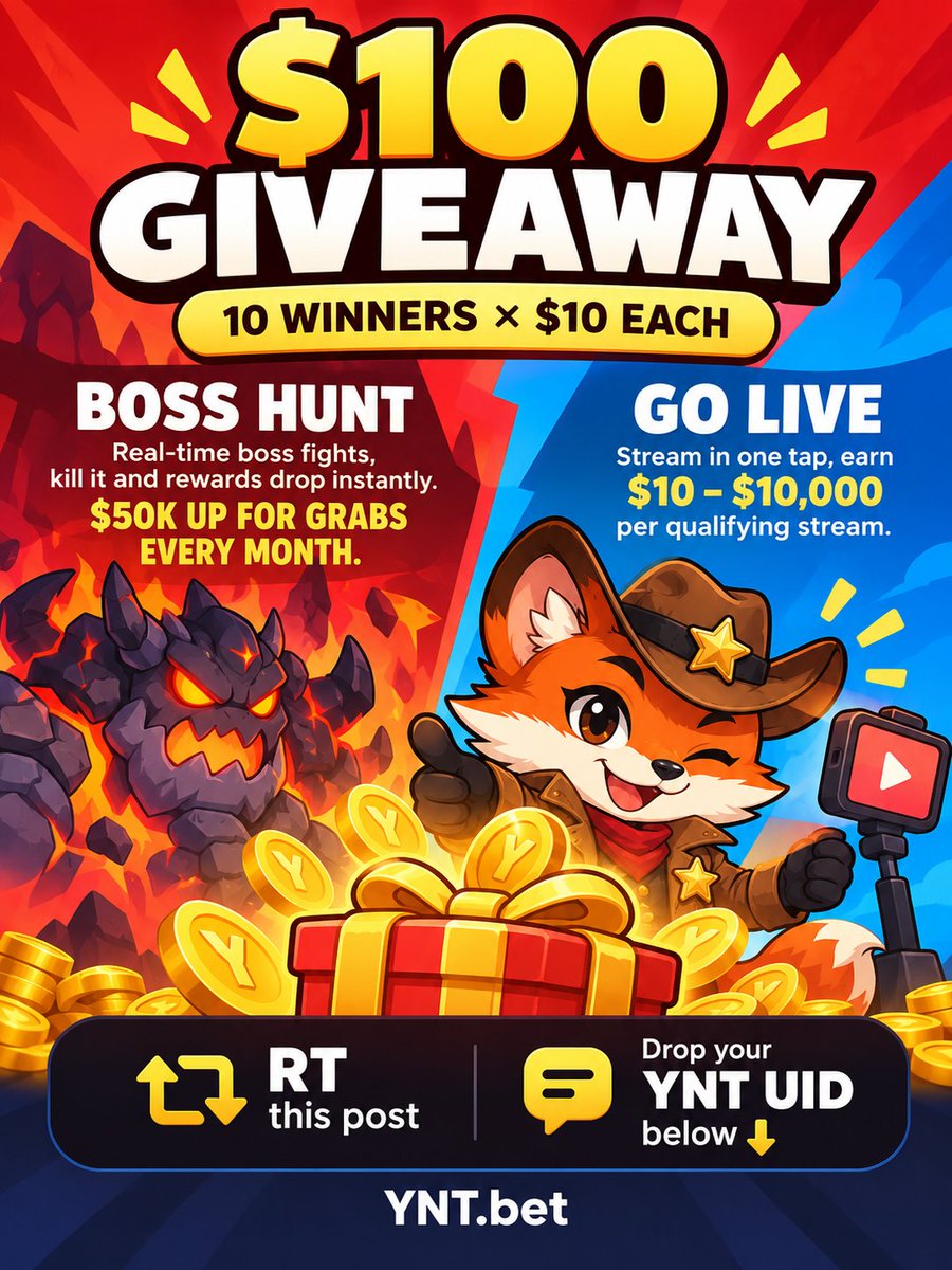 Yntbet's tweet photo. 💸 $100 GIVEAWAY 💸
10 winners × $10 each
✅ Follow us
✅ RT this post
✅ Drop your YNT UID below 👇

Celebrating TWO new features on https://t.co/jCI9s2iEDz 🚀
⚔️ BOSS HUNT: real-time boss fights, kill it and rewards drop instantly. $50K up for grabs every month.
GO LIVE: stream in one tap, earn $10 – $10,000 per qualifying stream.

Winners drawn in 72h 🦊
 https://t.co/EdMp3jrLDd