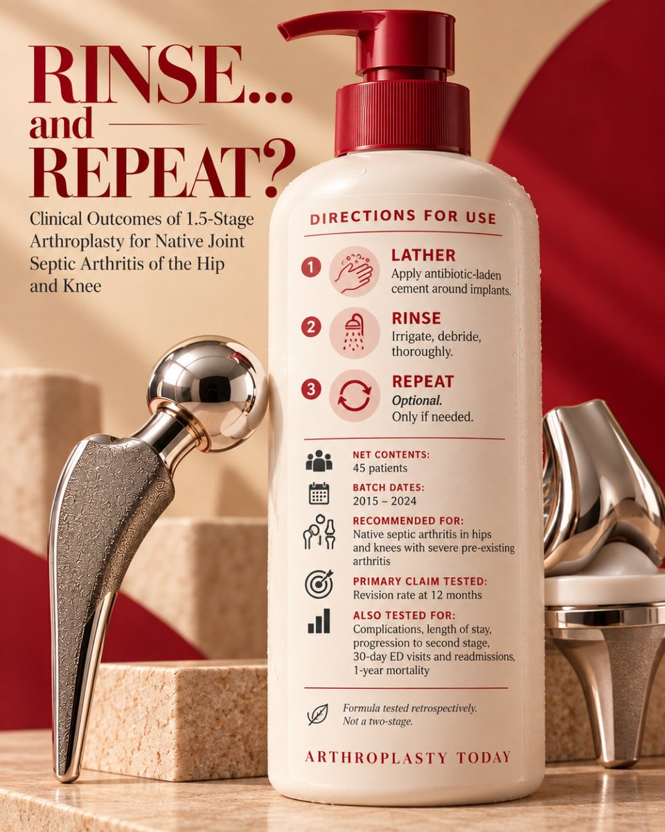 ArthroToday's tweet photo. Lather. Rinse. Repeat? 🧴 

A new #ArthroplastyToday study of 45 hips and knees found ~3 in 4 patients treated with 1.5-stage arthroplasty needed no revision at 1 year, and only 6.7% were revised for surgical complications. The "repeat" step may be optional. https://t.co/RVBSZfC5Oy