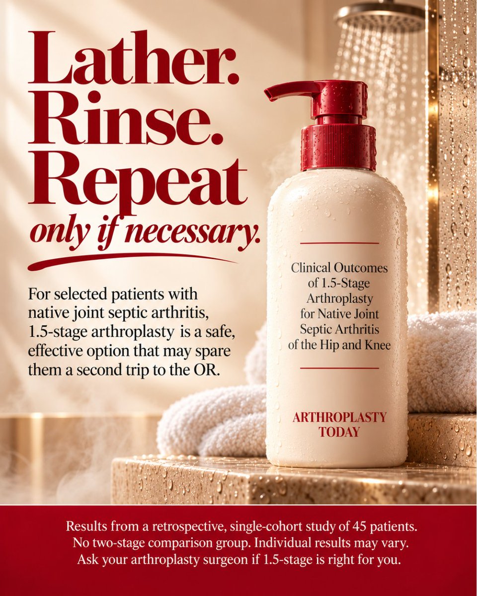 ArthroToday's tweet photo. Lather. Rinse. Repeat? 🧴 

A new #ArthroplastyToday study of 45 hips and knees found ~3 in 4 patients treated with 1.5-stage arthroplasty needed no revision at 1 year, and only 6.7% were revised for surgical complications. The "repeat" step may be optional. https://t.co/RVBSZfC5Oy