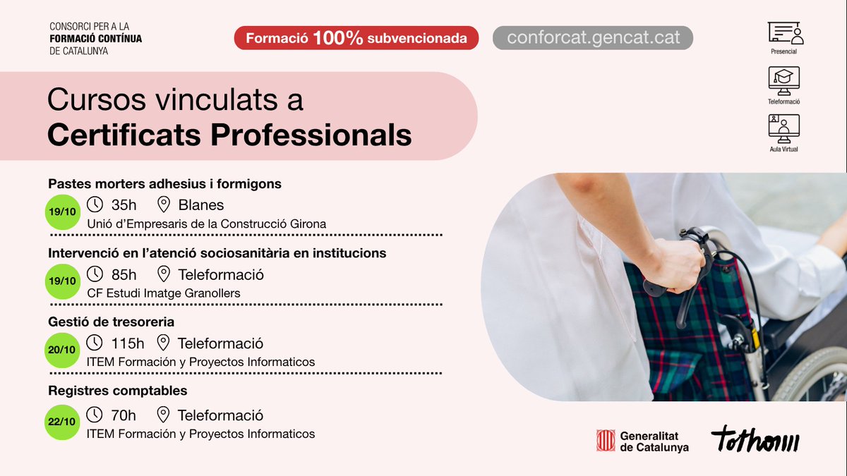 fpo_continua's tweet photo. 📢 Cursos vinculats a certificats professionals 

💯% subvencionats

🗓️ Amb data d'inici entre el 19 i el 22 d'octubre.

@uecgirona
@itemformacion

🔎 Consulta aquests i molts més al nostre cercador de #cursos 👇https://t.co/bX4J2Ym60N

#Formació https://t.co/vr4Ofa0MbB