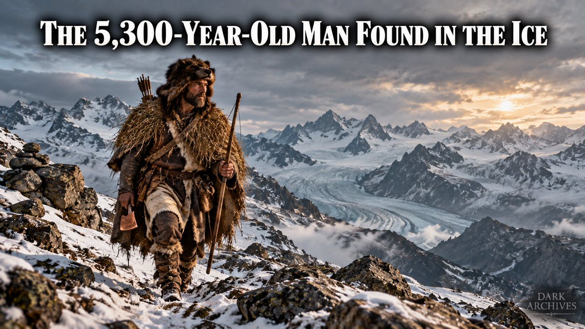 Dark_Archives0's tweet photo. In September 1991, two hikers in the Alps spotted what looked like a body poking out of a melting glacier. Everyone assumed it was some unlucky mountaineer from a few decades back. It turned out to be someone who had died about 5,300 years ago, long before the pyramids were built. 🏔️

They named him Ötzi. He was around 45, wore a coat and shoes stitched from animal hides, and carried a copper axe, a bow, and a small kit for starting fires. His body had 61 tattoos. Scientists later found an arrowhead in his shoulder, plus signs of a blow to the head, so it looks like he was attacked. What exactly killed him is still debated.

Because he was found just barely on the Italian side of the border, that's where he stays. He's in a museum in Bolzano, kept in a chamber that copies the ice he was buried in.

#OtziTheIceman #CopperAge #AlpineArchaeology