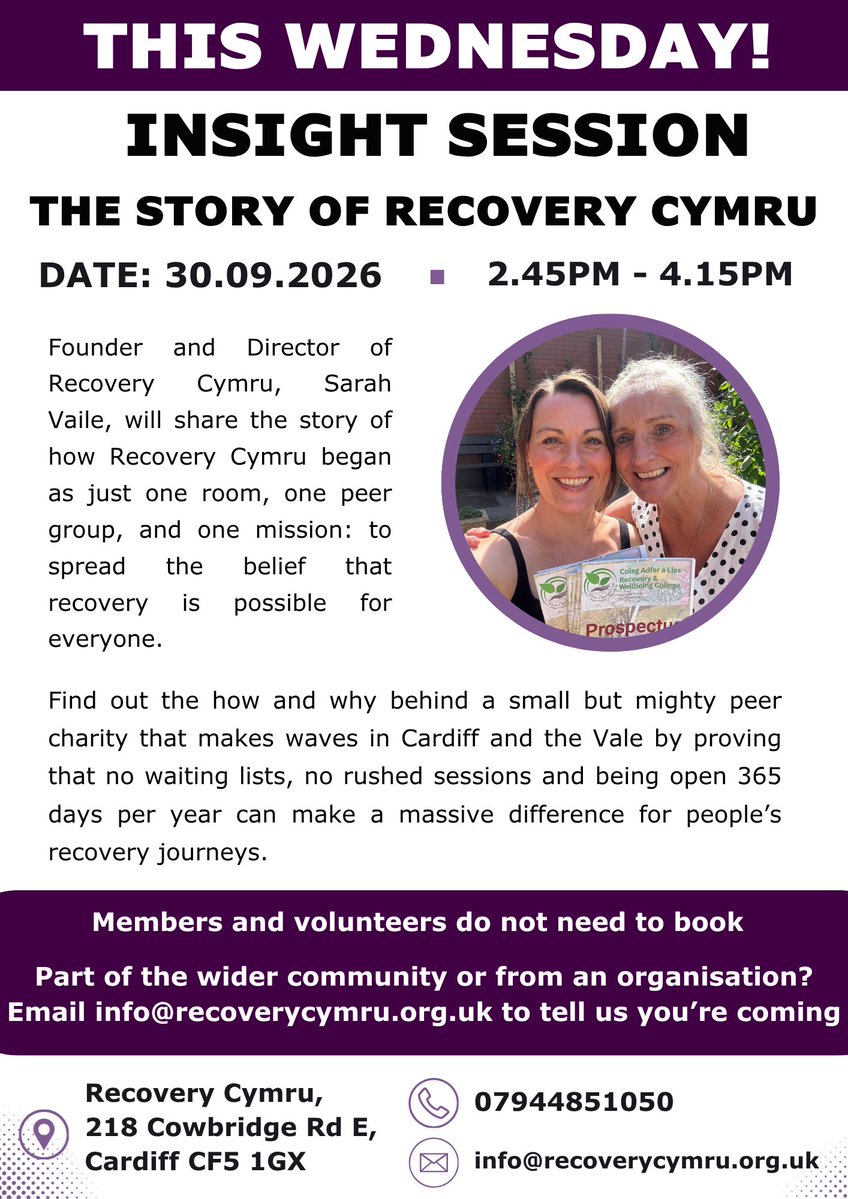 RecoveryCymru's tweet photo. Everyone - are you coming this Wednesday?!

Pop a 'yes' in the comments!

#RecoveryMonth #RecoveryCymru #Cardiff #Vale https://t.co/W2kFUcSBJA