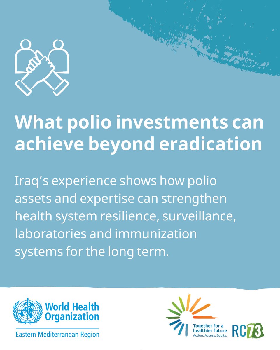 WHOEMRO's tweet photo. What can polio transition teach us about building resilient health systems?
Iraq’s experience offers an important lesson: the value of polio investments lives on to strengthen health systems.
At a regional learning session during #EMRC73 Virtual Week, Iraq demonstrated how polio assets and capacities have been integrated into national surveillance, laboratory and immunization systems, with support from WHO and partners. These steps have strengthened health system resilience and are supporting the country to sustain its polio-free status.
Such lessons can help countries across the Eastern Mediterranean Region turn the gains of polio eradication into lasting public health capacity.