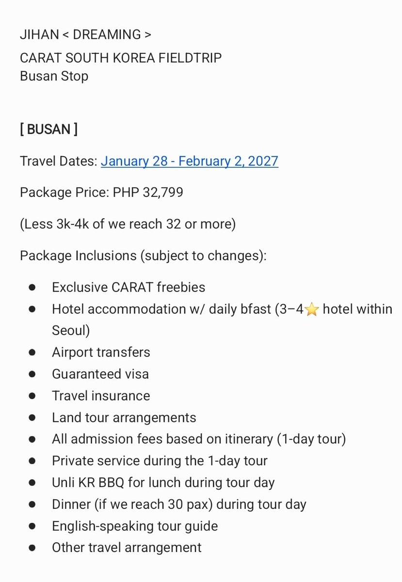 sothisismyyouth's tweet photo. JIHAN <DREAMING> 
[ CARAT SOUTH KOREA FIELDTRIP ]
Busan

Travel Dates: Jan 28 - Feb 2, 2027

— Open for long installment
— Travel dates can be adjusted
— Special perks for repeaters
— Guaranteed visa already (as long as eligible)
— Anyone can join! 

DM to join / inquiries! 🩷🩵 https://t.co/Xt8CNcEbYL