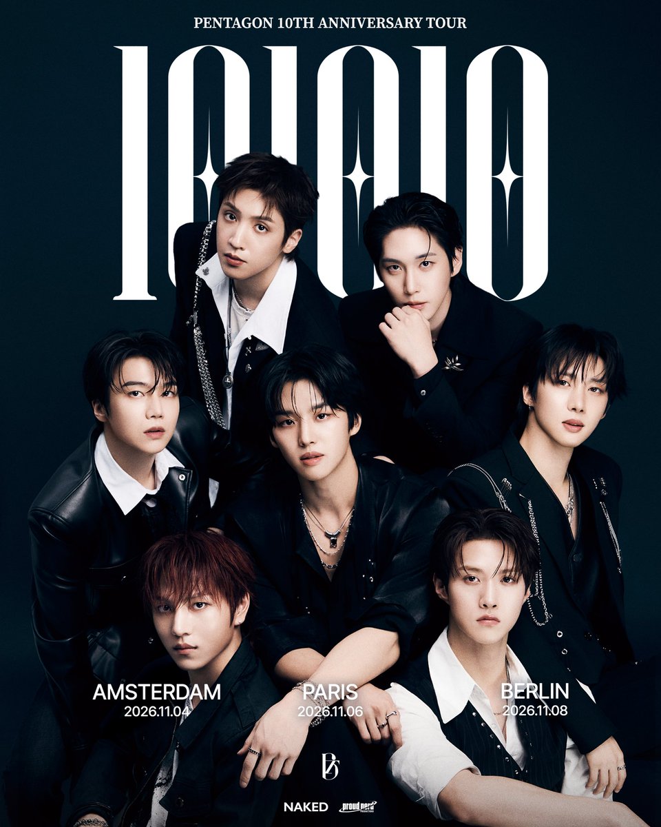 CUBE_PTG's tweet photo. [🛎️] PENTAGON 10th Anniversary Tour <101010> in Europe

[Amsterdam]
📅 2026.11.04

[Paris]
📅 2026.11.06

[Berlin]
📅 2026.11.08

* Full ticket, venue & benefit information. 
2026.09.30

🎟️ Tickets on sale
2026.10.04 7PM (CEST)

* 본 투어에 대한 자세한 소식은 프로모터 페이지를 통해 안내될 예정입니다.
* Follow mentioned tour promoters for more info.
🔗 https://t.co/jA8j58gxCk 

#펜타곤 #PENTAGON
#PENTAGON_101010 
#PENTAGON_10th_Anniversary