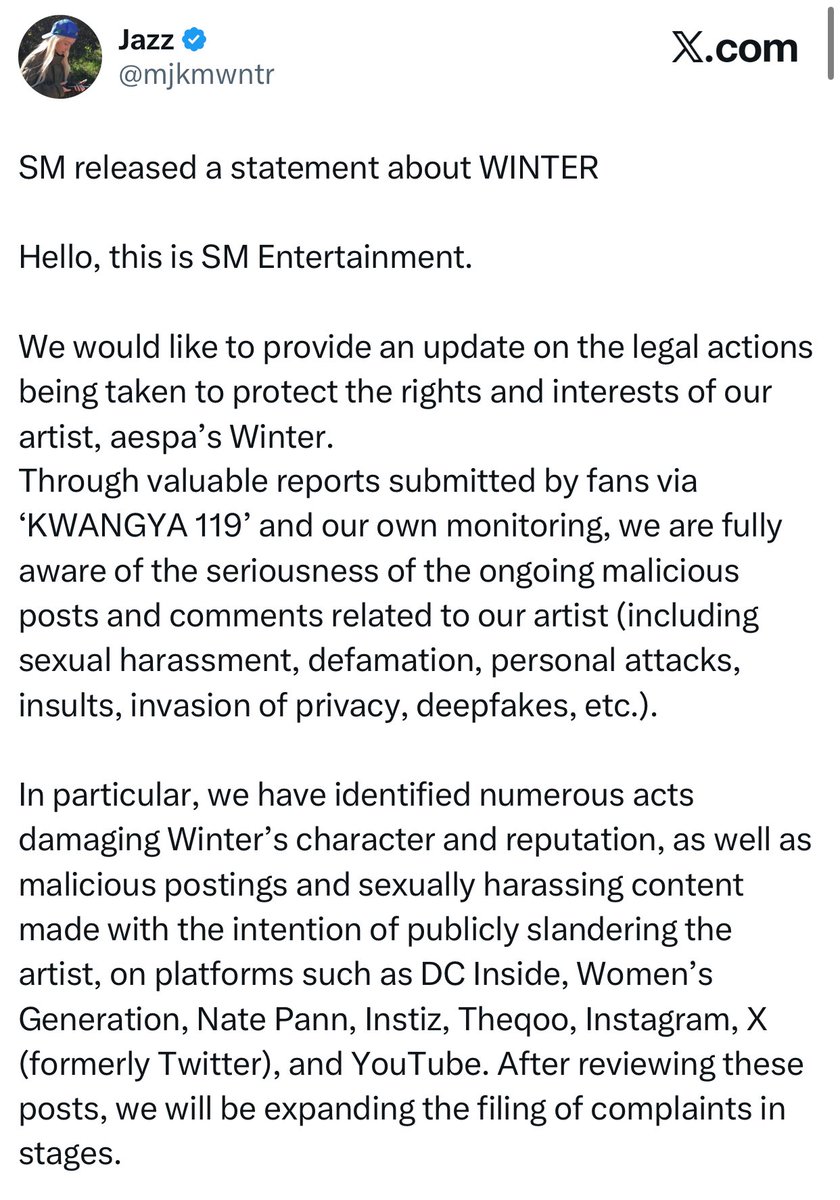 siriuswrites's tweet photo. REMINDER, this is the update of Winter’s own lawsuit last December. 

Alot of users already were gone since then, but more will be sued, especially cuz there’s still more deranged people who continue to hate her.

That’s why, Mys and Team Winter, report all those antis, akgaes and haters to KWANGYA119.

#aespa #에스파 #WINTER #민정 #윈터