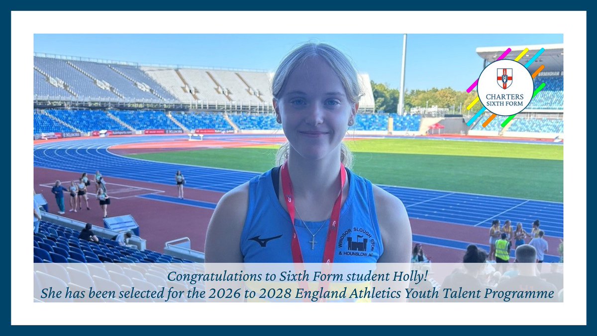 ChartersSchool's tweet photo. 🎉 Huge congratulations to Year 12 student Holly! 🏃‍♀️ She has been selected for the 2026–2028 @EnglandAthletic Youth Talent Programme. 
🏅Alongside her A-levels, she will attend training in Birmingham and earn a Diploma in Sporting Excellence from Loughborough College! 📚✨ https://t.co/N6EVdmGzcp