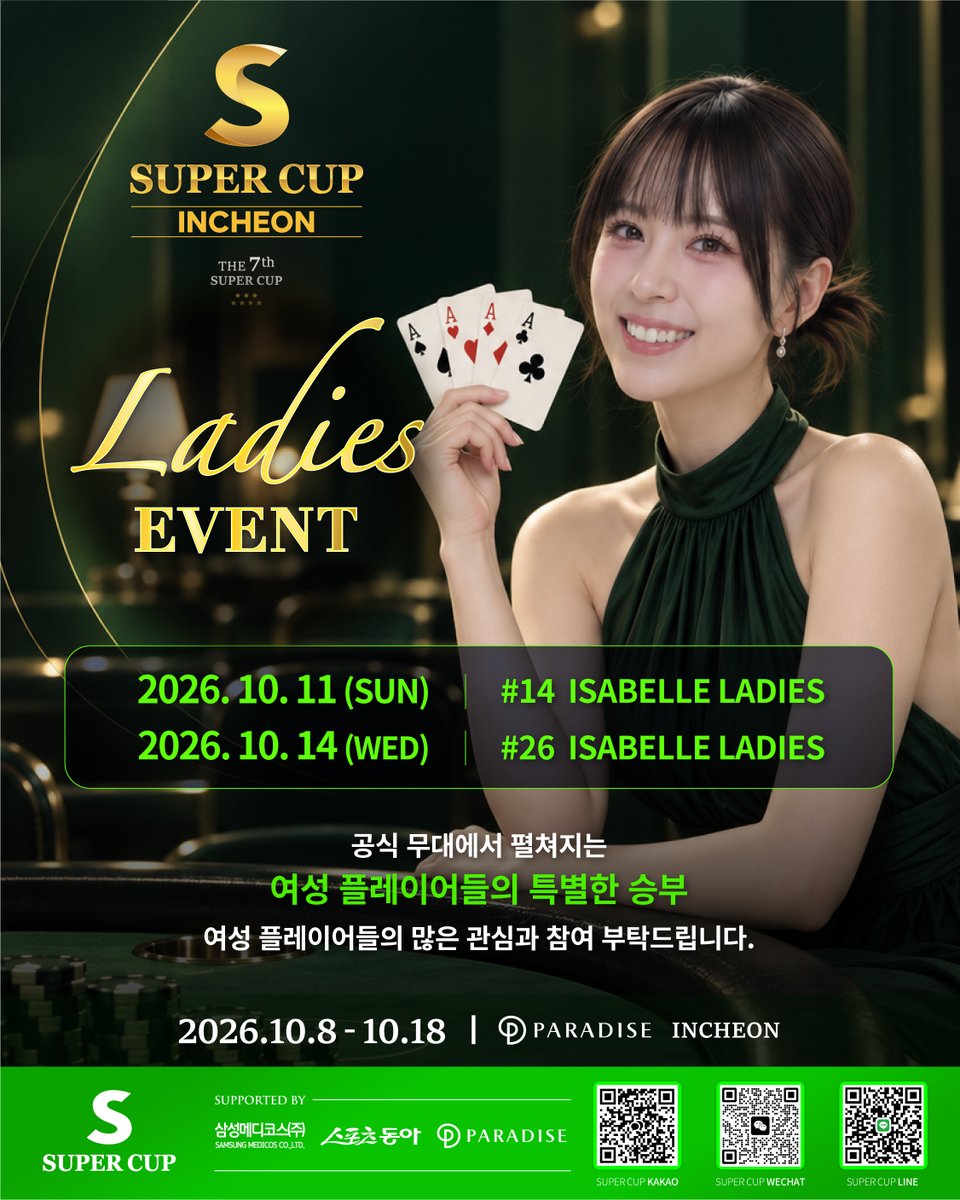 Supercup_world's tweet photo. 🔥 SUPER CUP INCHEON | EVENT LINE-UP

開幕から最終日まで、多彩なイベントが続く SUPER CUP INCHEON！🏆

🌏 グローバルパートナーと共に開催される COLLABORATION EVENTS
👑 女性プレイヤーのための ISABELLE LADIES
🔥 そして大会のラストを飾る #39 CLOSER

#39 CLOSER
💰 30,000,000 KRW GTD
👥 500 ENTRIES MAX

📅 2026.10.08 – 10.18
📍 PARADISE CITY, INCHEON

SUPER CUP INCHEONの多彩なイベントをチェックして、
最後まで一緒に盛り上がりましょう！🔥

#SUPERCUP #SUPERCUPINCHEON #ISABELLELADIES #CLOSER #Poker #ポーカー