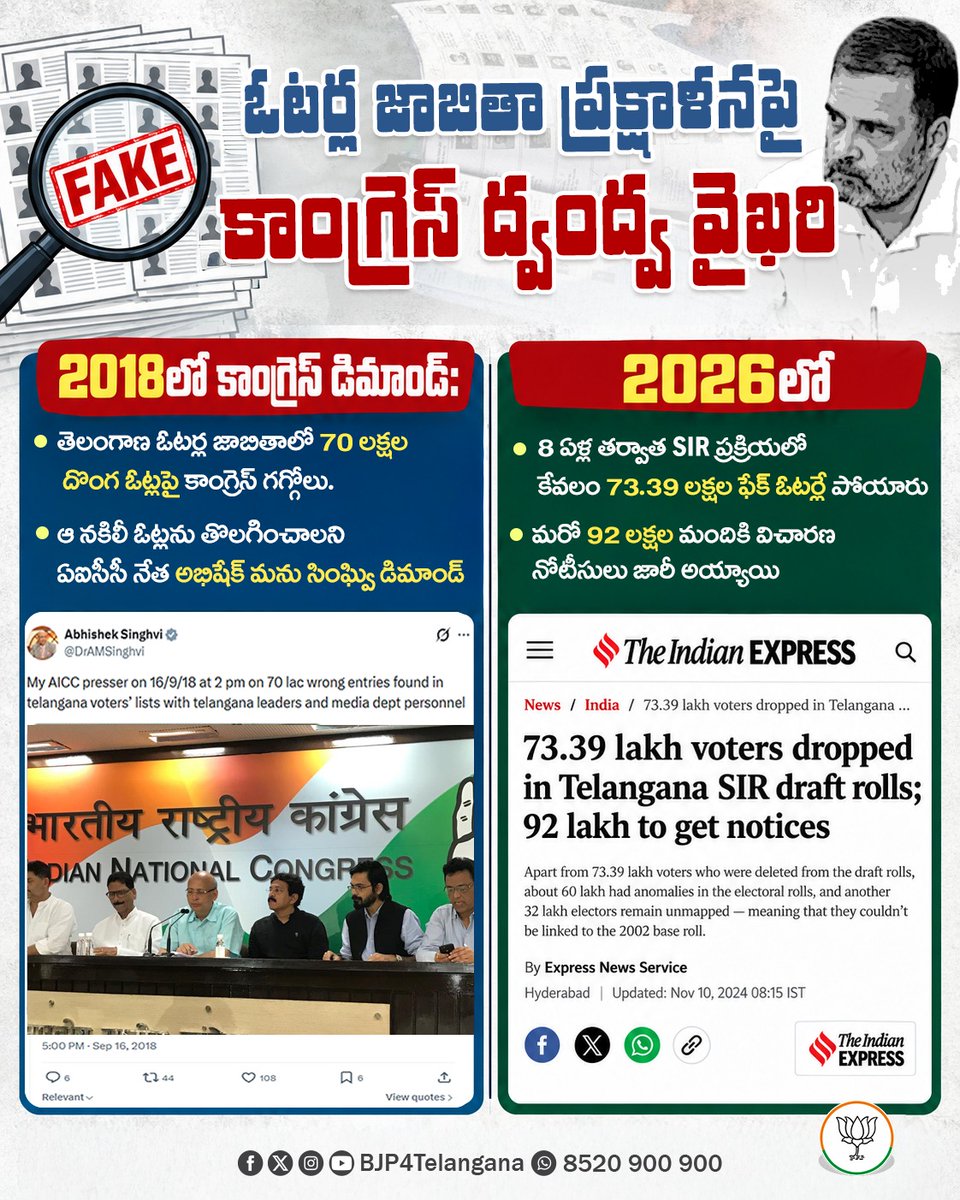 BJP4Telangana's tweet photo. ఎందుకీ రెండు నాల్కల ధోరణి

 నాడు దొంగ ఓట్లను తొలగించమన్నది అదే కాంగ్రెస్.
నేడు ఏరివేస్తుంటే వ్యతిరేకిస్తున్నది అదే కాంగ్రెస్.
నాడు డిమాండ్ చేసిన వారు, నేడు ఎందుకు పేచీ పెడుతున్నారు?
తమకు అనుకూలమైన దొంగ ఓట్లు పోతున్నాయనా ఈ ఉలికిపాటు? https://t.co/vlOrFYvebc