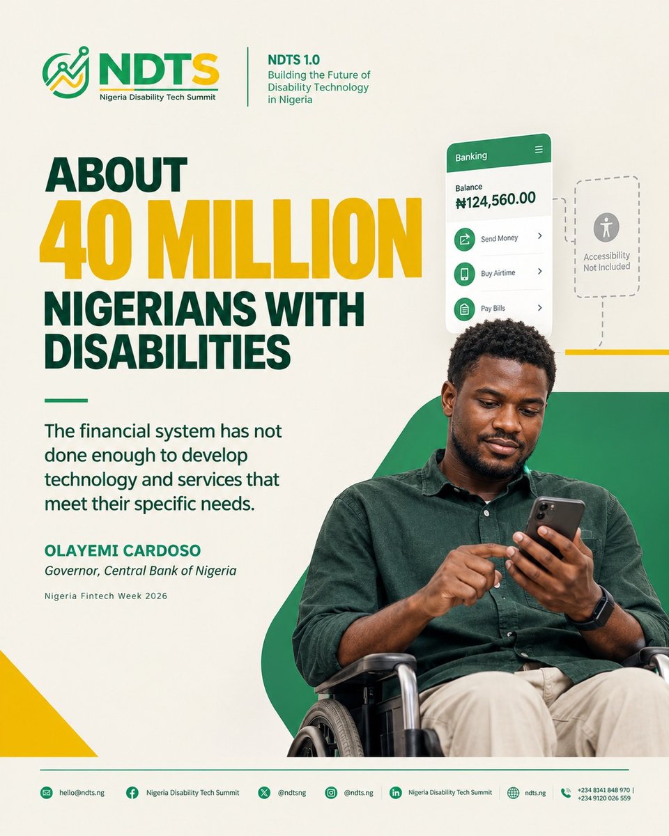 ndtsng's tweet photo. About 40 million Nigerians live with disabilities.
But are we building technology with them in mind?

From fintech to AI, education and healthcare, accessibility must be considered from the beginning not added as an afterthought.

#NigeriaDisabilityTechSummit https://t.co/2yHPahekYw