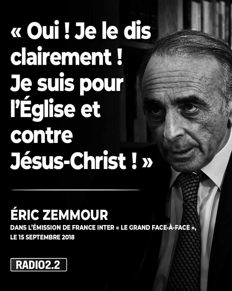 DubreuilhMarcel's tweet photo. Voici une déclaration du président de « Reconquête ! », passée totalement inaperçue, qui refait surface au moment où le pape Léon fait de plus en plus d’émules en France. Nous sommes le samedi 15 septembre 2018, dans l’émission de France Inter « Le Grand face-à-face » qui oppose Raphaël Glucksmann à Éric Zemmour. Lors de cet échange houleux entre les deux hommes, Raphaël Glucksmann rappelle les écrits de Zemmour : « Vous écrivez dans votre livre quelque chose d’intéressant. Vous dites clairement : Je suis pour l’Église et contre le Christ ! » Ce à quoi Eric Zemmour répond avec affirmation : « Oui ! Oui, je le dis clairement ! »

Les chrétiens pro-Zemmour vont en prendre un coup ! Comment être pour l’Église et contre le Christ ? La Bible dit dans Colossiens 1.18 : « Il est la tête du corps de l’Église; Il est le commencement, le premier-né d’entre les morts, afin d’être en tout le premier. » Sans le Christ il n’y a pas d’Église, car l’Église est le Corps de Christ.

En somme, le judéo-christianisme selon Éric Zemmour, c’est l’Église sans le Christ, autrement dit le christianisme sans la foi... Une coque vide est facilement manipulable.

L’Abbé Raffray ne manquera pas de lui dire : « Vous instrumentalisez le christianisme […] Ça me choque ! »

Et vous, qu'en pensez-vous ?