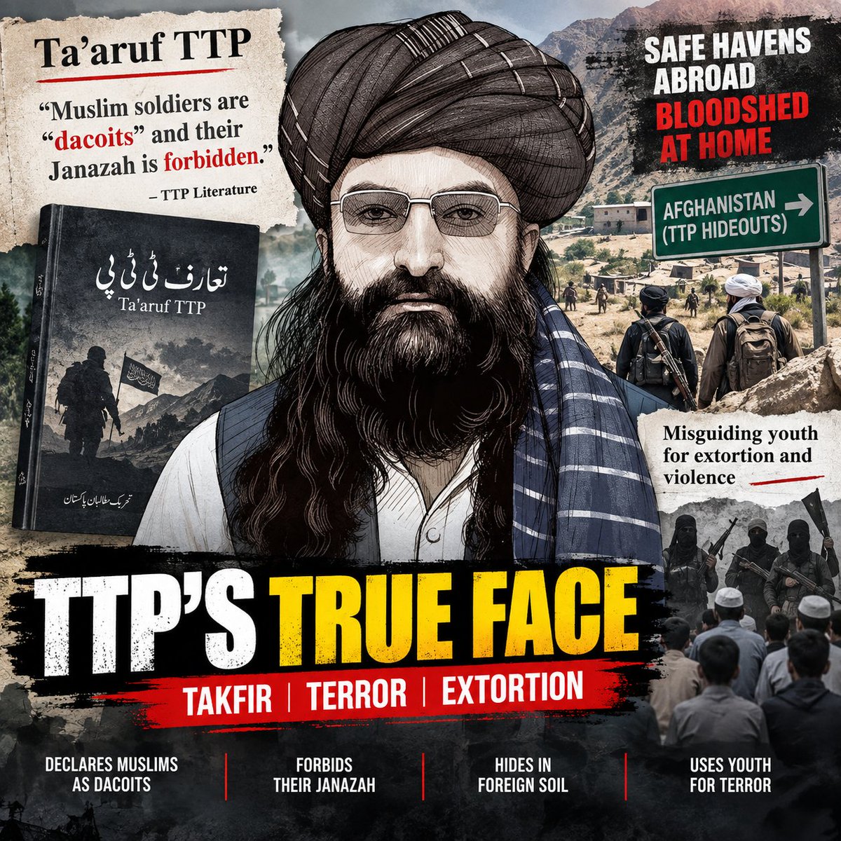 janajani787's tweet photo. #TTP’s own literature (Ta'aruf TTP) decrees that Muslim soldiers are "dacoits" and forbids their Janazah textbook Kharijite takfir. While hiding across the border in direct violation of local decrees, TTP misguides youth to spill Muslim blood for extortion. #StopTTP #TTPExposed https://t.co/n6cKOpd7cF