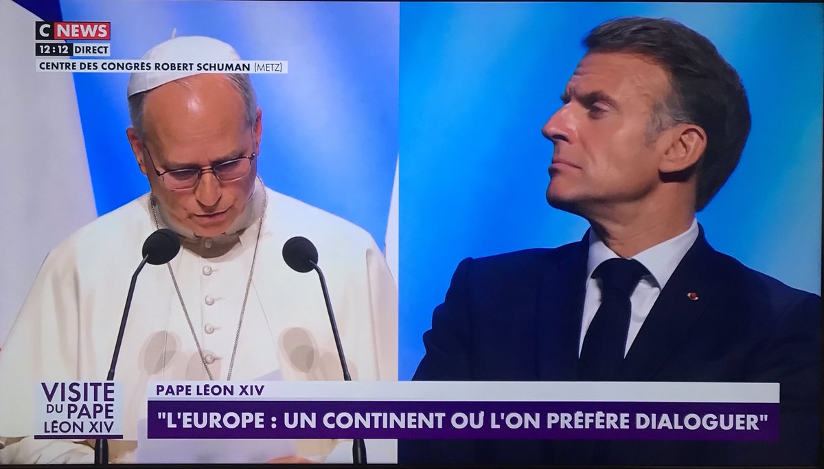anne2br's tweet photo. Le discours du Pape Léon XIV à Metz est fondateur. Il redresse une à une les colonnes de l'Europe telle qu'elle doit être.
Macron en PLS absolue. Barrot pas mieux.
"L'Europe est chrétienne"
"L'Europe a été créée pour maintenir la paix"
"Pour la paix, l'Europe doit accepter des concessions, stop aux dépenses militaires"
"L'Europe doit accueillir les réfugiés et les migrants en les intégrant selon nos valeurs"
"Jeunes européens n'ayez pas peur de fonder une famille"
"La vie dans la dignité : de l'embryon au dernier jour"